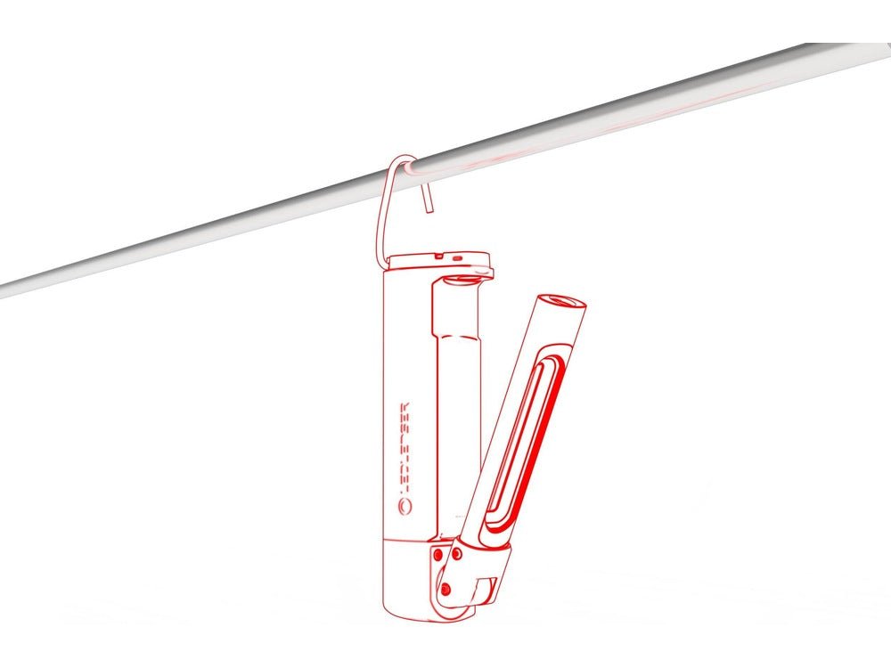 Eine rot umrandete Illustration der LEDLENSER Ledlenser W7R Work Arbeitsleuchte hängt an einem Haken an einem Rohr, ihr Griff ist teilweise geöffnet und ihr minimalistisches Design deutet Funktionen wie UV-Licht an, alles auf weißem Hintergrund.