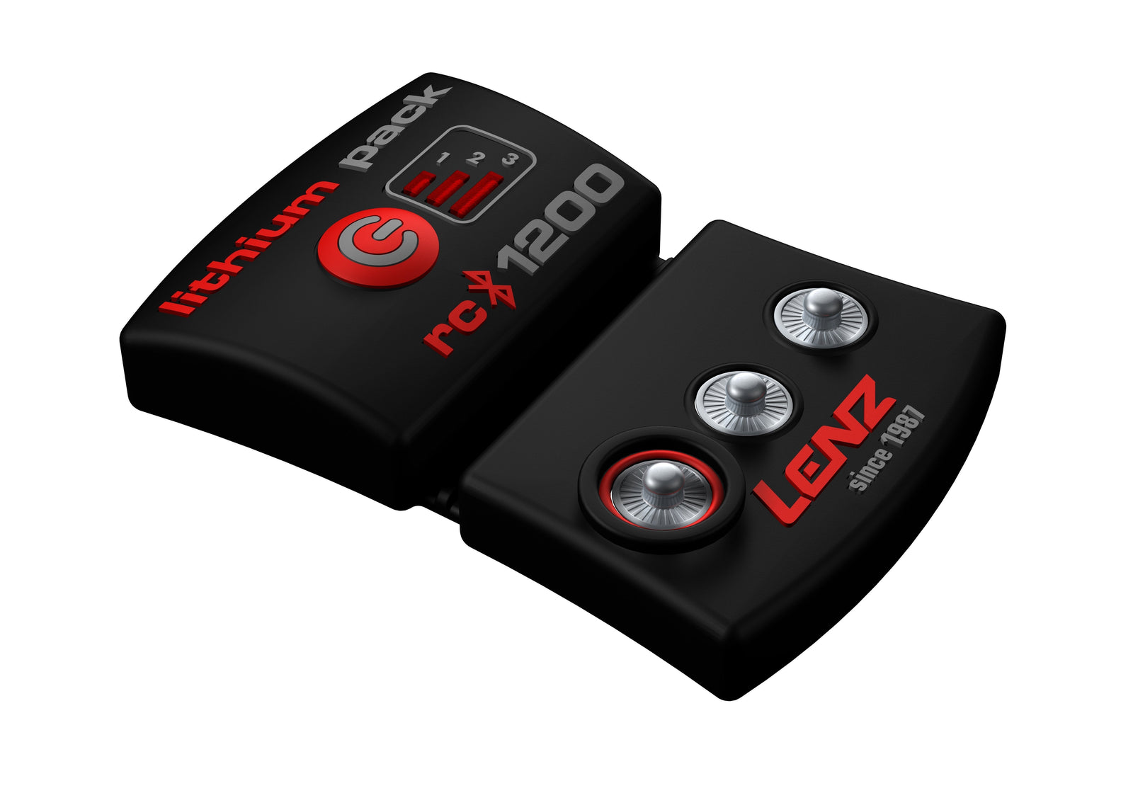 Das LENZ Lithium Pack rcB 1200 ist ein schwarzes rechteckiges Gerät mit drei metallischen Zifferblättern, einem roten Knopf, Batterieanzeige und ist mit Lenz Heizmodellen kompatibel mit einstellbarer Heizleistung.