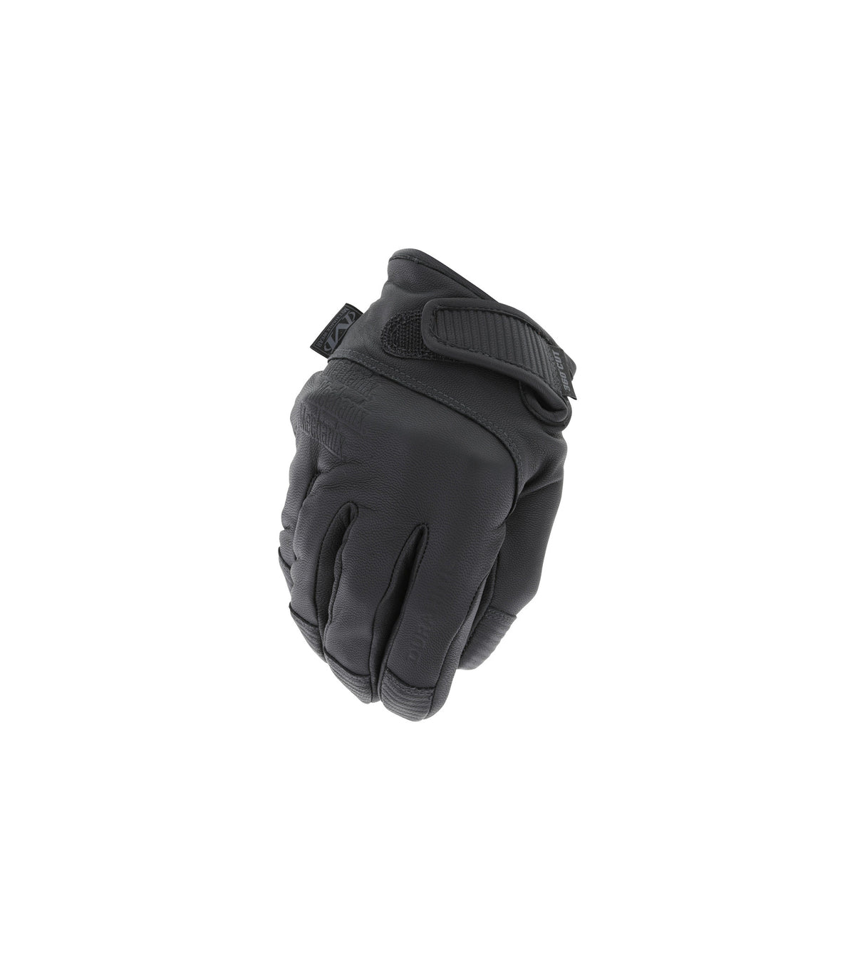 Der MECHANIX Mechanix Handschuh Durahide Needlestick LE - Black mit verstärkter Polsterung, Durahide-Leder und einem verstellbaren Klettverschluss ist in geschlossener Position auf weißem Hintergrund abgebildet.