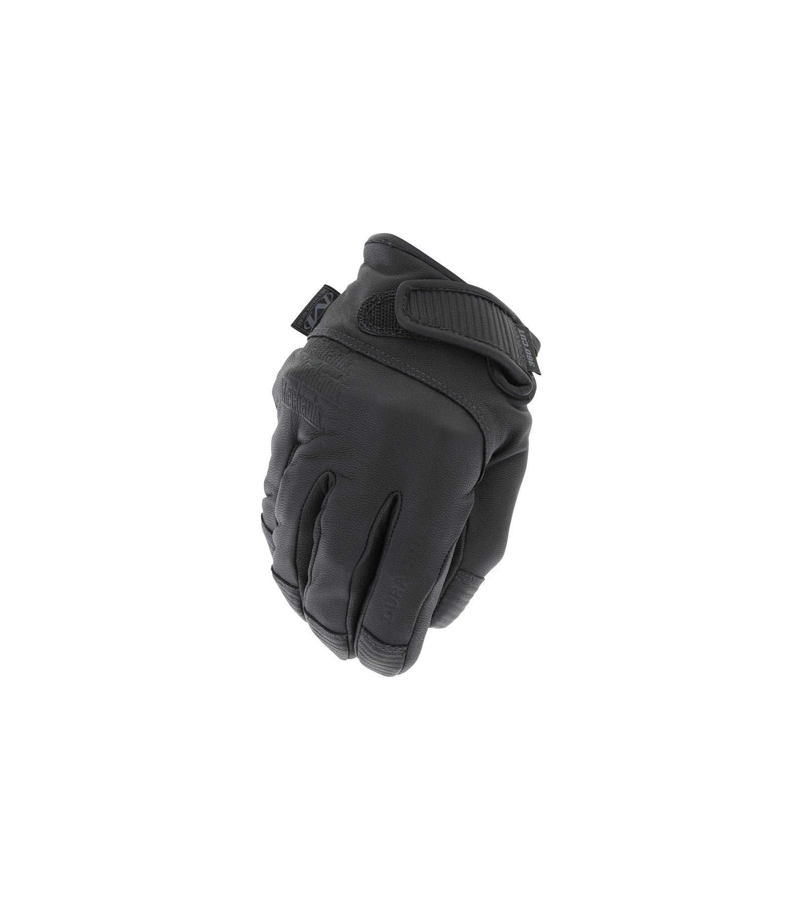 Der MECHANIX Mechanix Handschuh Durahide Needlestick LE - Black mit verstärkter Polsterung, Durahide-Leder und einem verstellbaren Klettverschluss ist in geschlossener Position auf weißem Hintergrund abgebildet.