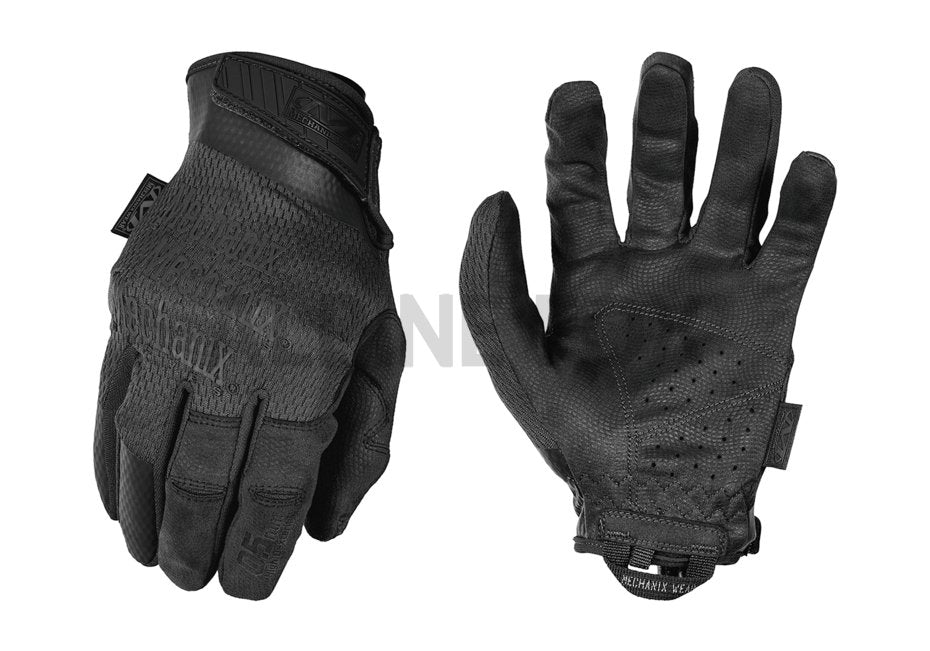 Ein Paar schwarze MECHANIX Handschuhe Specialty 0.5 Gen II - Covert aus zwei Blickwinkeln: Die eine zeigt verstärkte Knöchel, die andere eine AX-Suede Innenhand mit strukturiertem Griff und Belüftungslöchern.