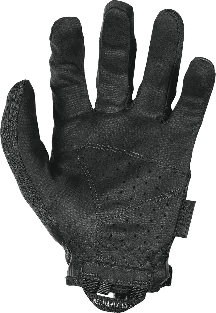 Der MECHANIX Handschuhe Specialty 0.5 Gen II - Covert ist mit der Handfläche nach oben abgebildet und zeichnet sich durch das strukturierte AX-Suede-Material, die verstärkten Nähte und die Perforationen für die Atmungsaktivität aus.