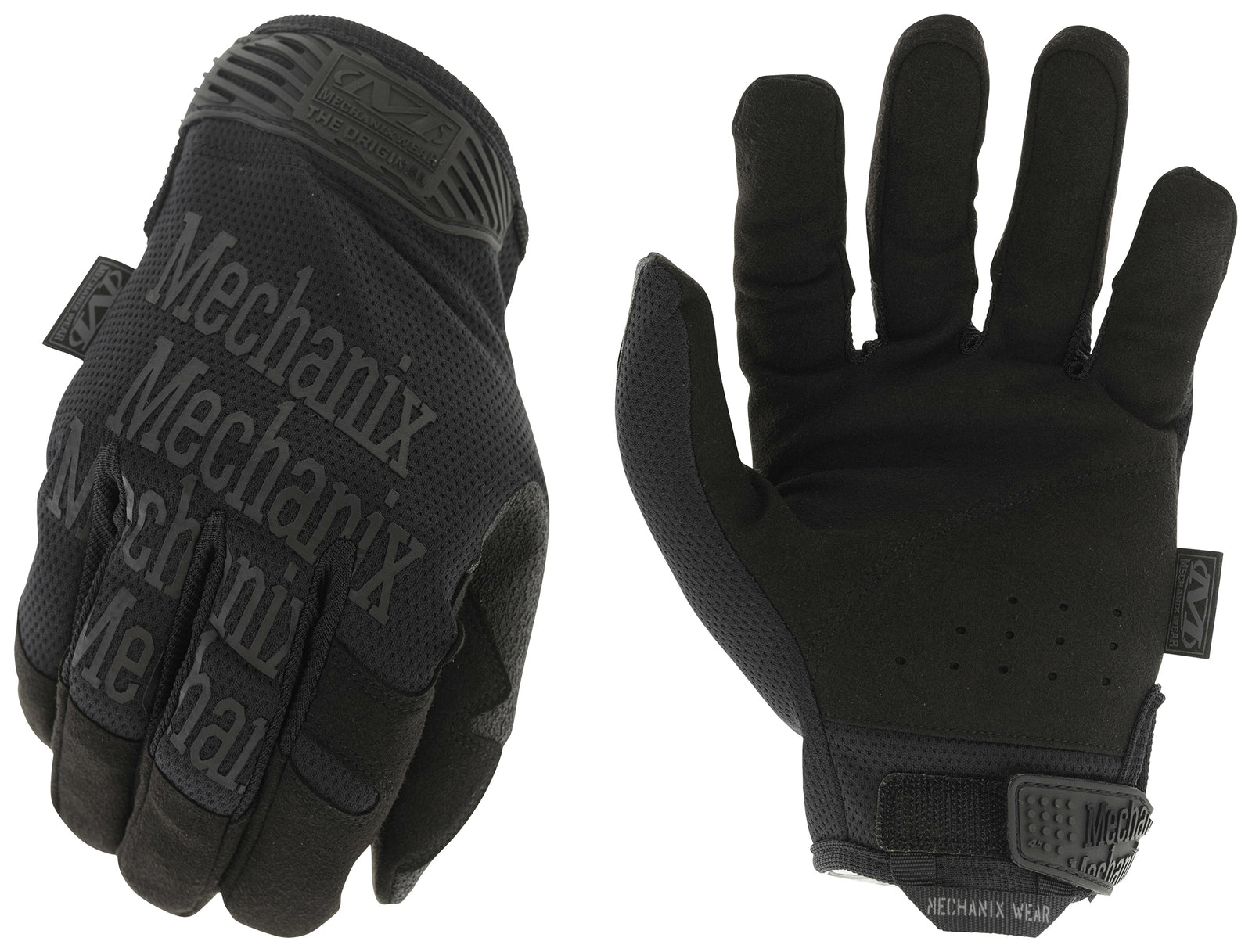 Zwei MECHANIX Handschuhe The Original Gen3 - Covert (schwarz) sind abgebildet: einer zeigt die gebrandete Rückseite, der andere die Handfläche samt Klettverschluss. Diese taktischen Handschuhe sind zudem Touchscreen-kompatibel.