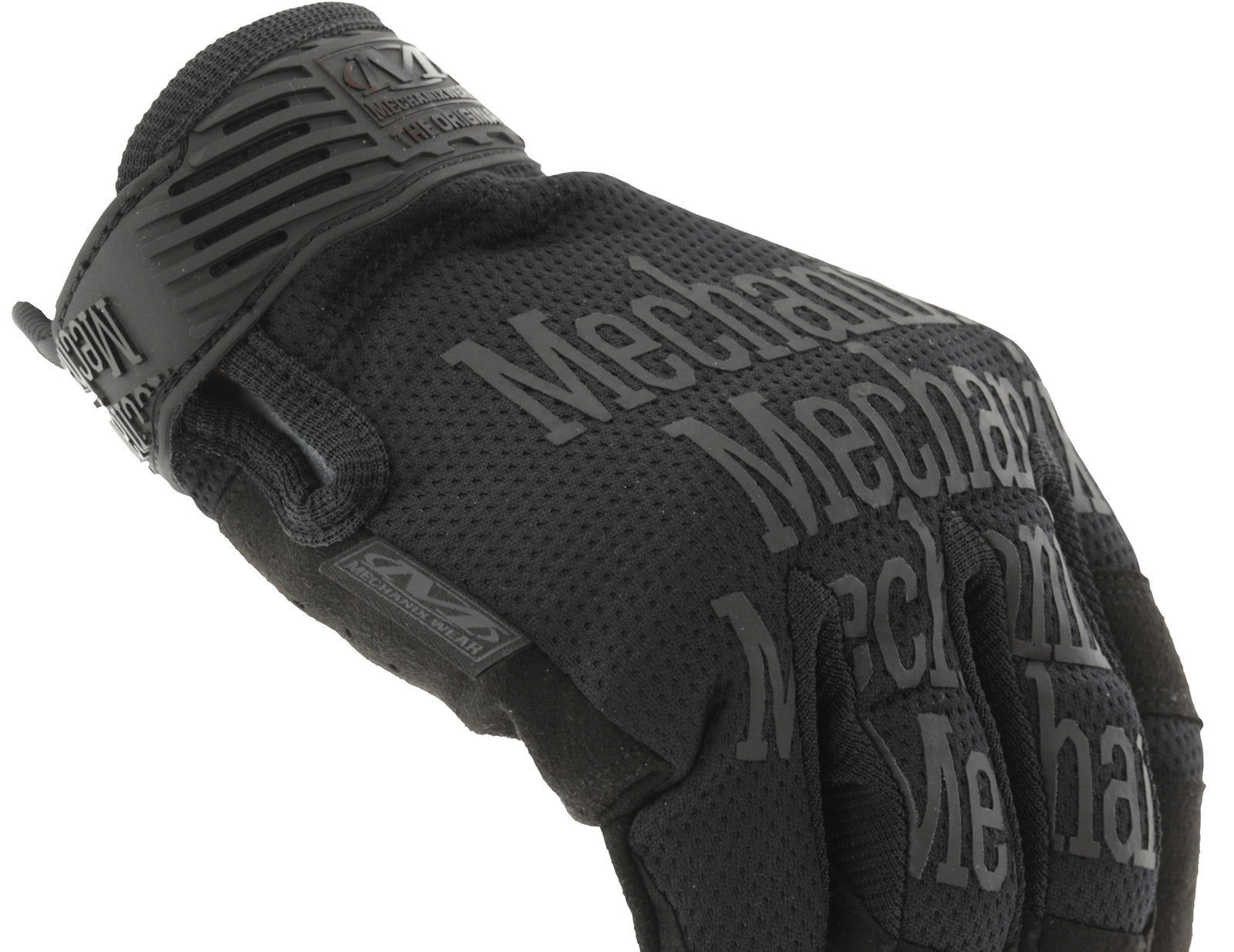 Eine Nahaufnahme der MECHANIX Handschuhe The Original Gen3 - Covert zeigt strukturiertes schwarzes Material, verstärkte Knöchel und mehrere MECHANIX-Logos - diese Handschuhe sind auch Touchscreen-kompatibel für Komfort.
