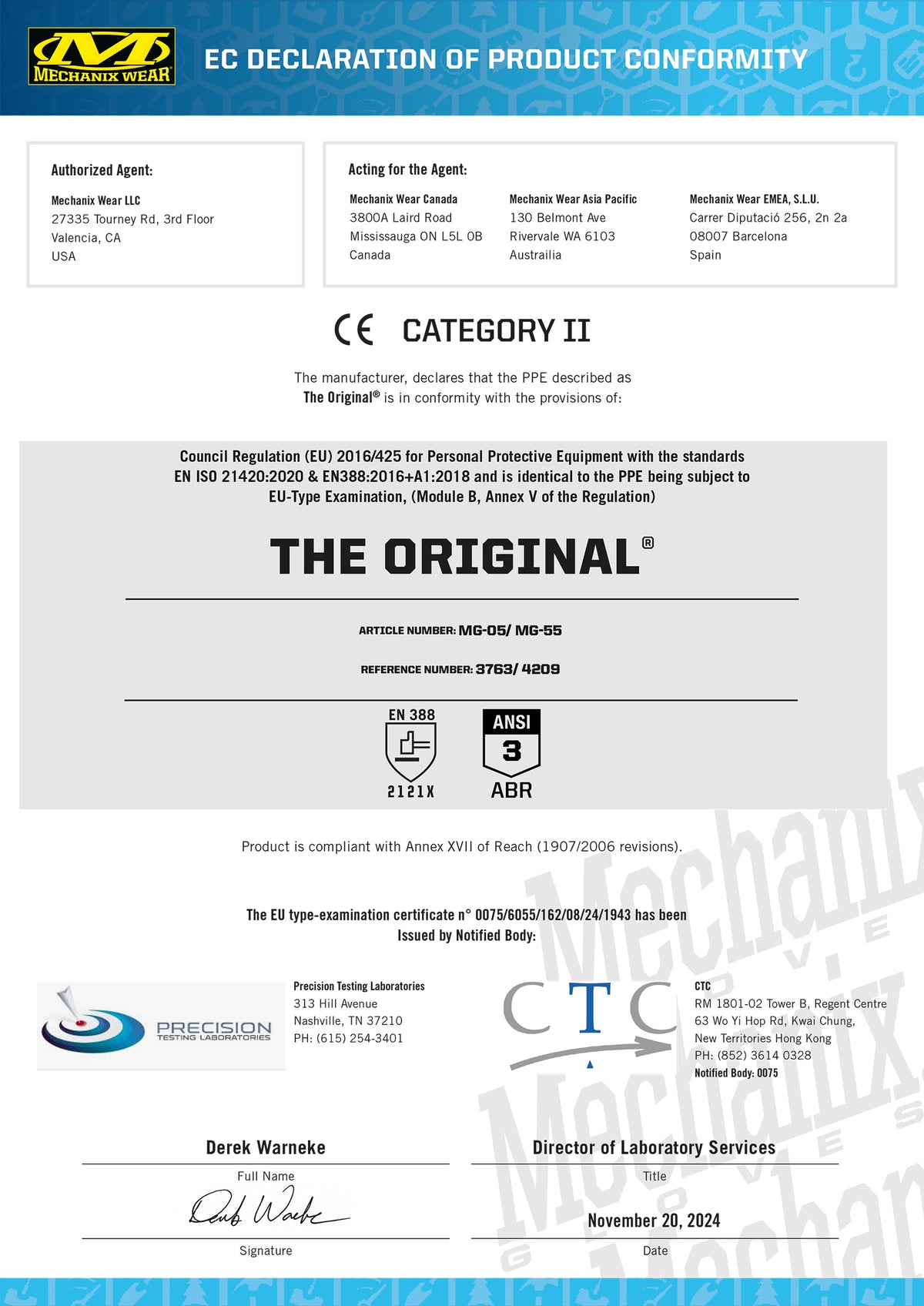 An EC Declaration of Product Conformity certificate for Mechanix Handschuhe The Original Gen3 - Covert, confirming compliance with EU PPE regulations. Features approval details, rating icons, and company logos on a white background.