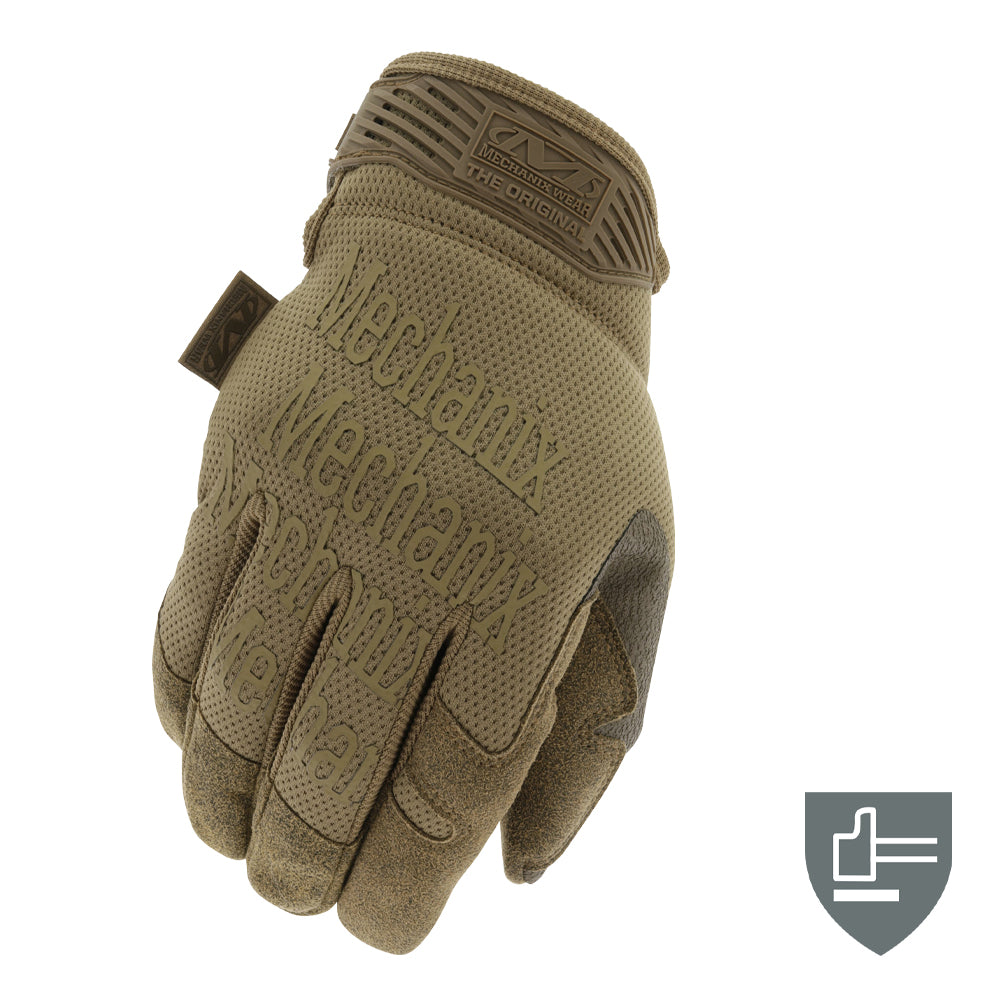 Ein einzelner hellbrauner MECHANIX Handschuh The Original Gen3 - Coyote Arbeitshandschuh mit strukturiertem Griff und MECHANIX-Branding, dargestellt auf weißem Hintergrund mit einem Handschuhschutzsymbol. Touchscreen kompatibel für zusätzlichen Komfort.