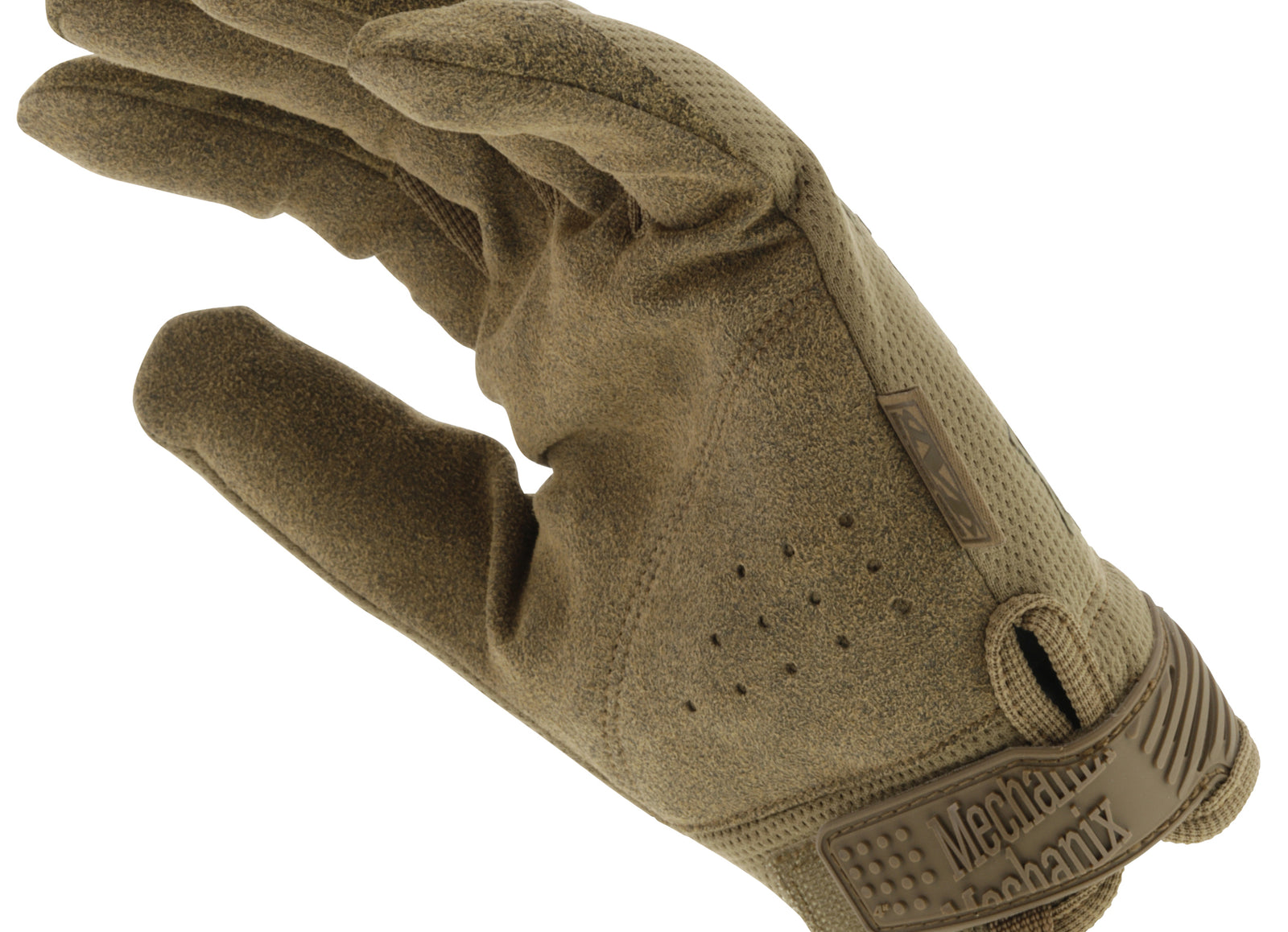 A MECHANIX Handschuhe The Original Gen3 - Coyote Handschuh, touchscreen-fähig mit strukturiertem Gewebe und Belüftungslöchern, wird mit nach oben gerichteter Handfläche und leicht gekrümmten Fingern gezeigt. Das Markenlogo ist am Handgelenk sichtbar.