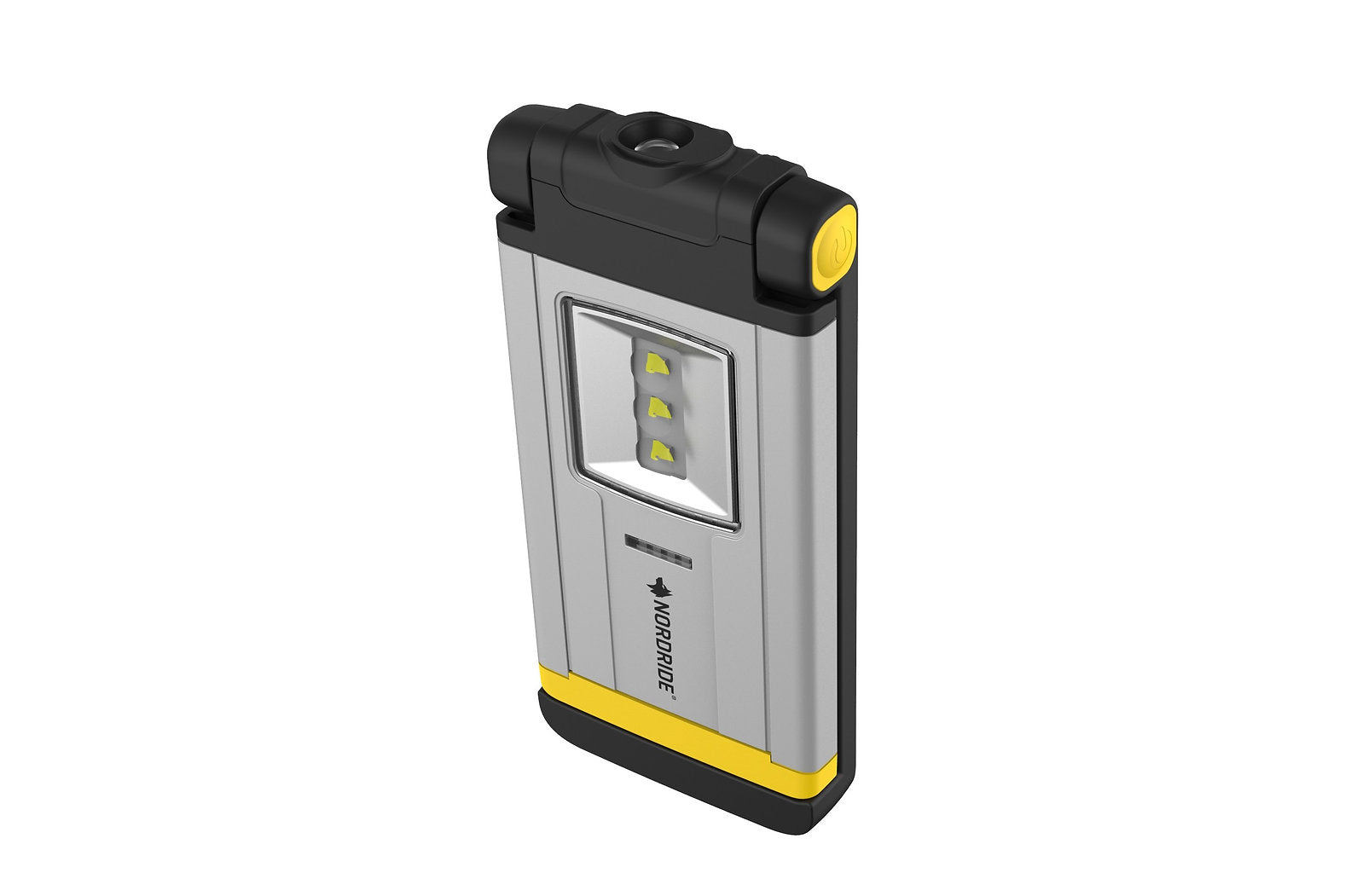 Die Nordride Arbeitslampe Flexi Light Deluxe ist eine kompakte, rechteckige, silber-schwarze LED-Arbeitsleuchte mit gelben Akzenten, einem LED-Panel auf der Vorderseite und dem NORDRIDE-Branding.