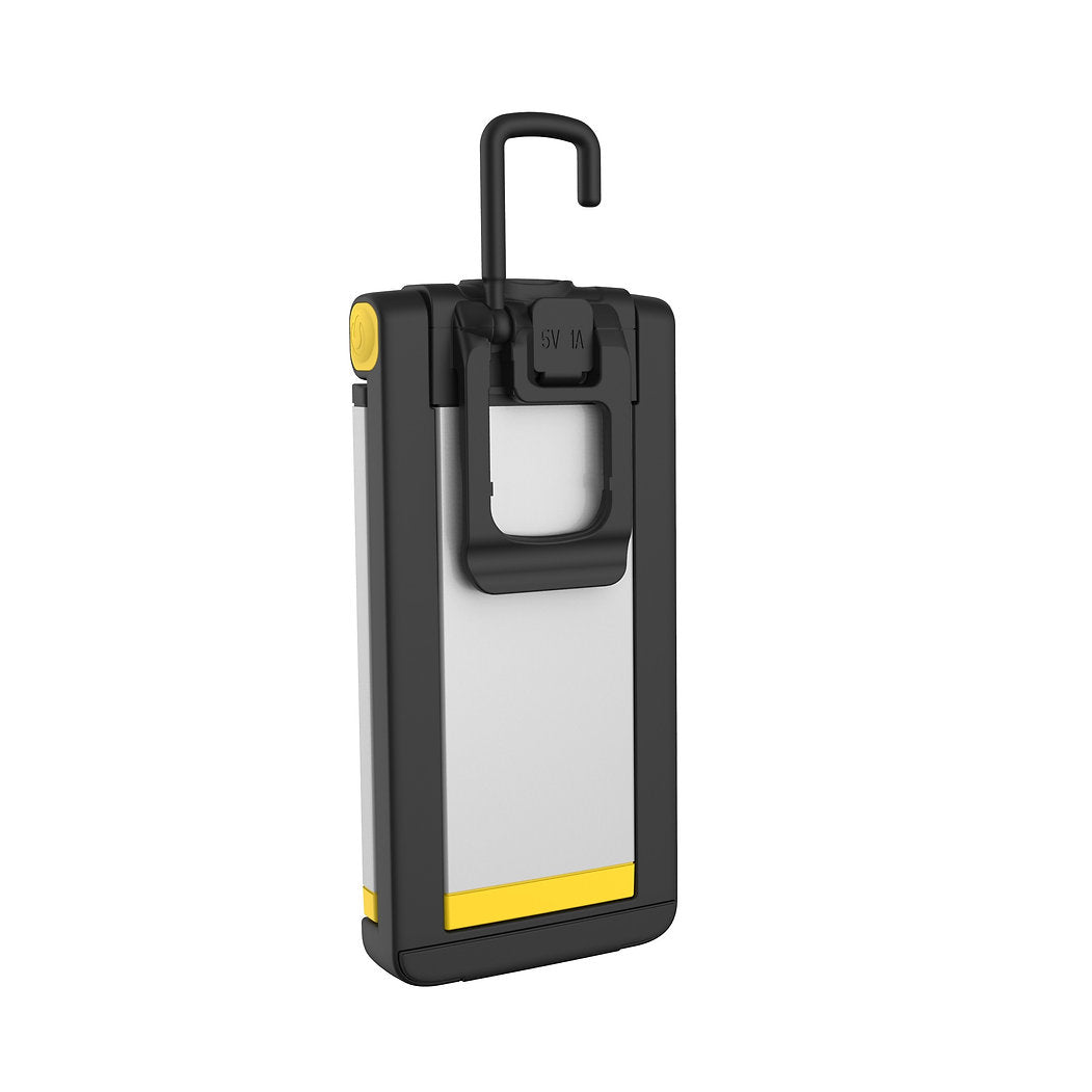 Die NORDRIDE Nordride Arbeitslampe Flexi Light Deluxe ist eine schwarz-graue LED-Arbeitsleuchte mit gelbem Knopf, faltbarem schwarzen Haken und wiederaufladbarem Design - ideal als tragbare Laterne oder flexible Werkstattlampe.