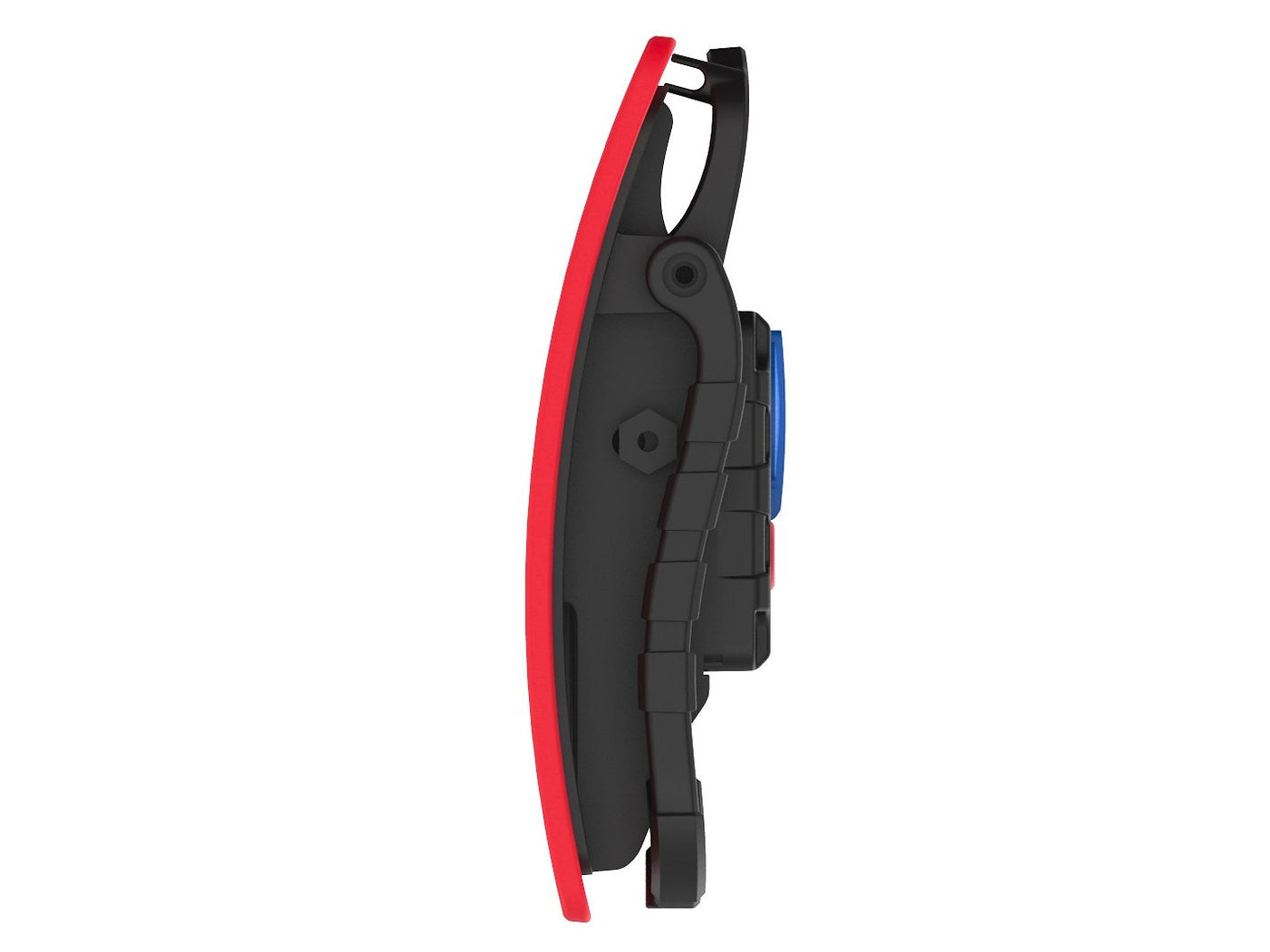Seitenansicht eines schwarz-roten Handheld-Gamecontrollers mit schlankem, geschwungenem Design und einer Tastenanordnung, die an den ergonomischen Griff des NORDRIDE Power Light 60W Arbeitsstrahlers erinnert.