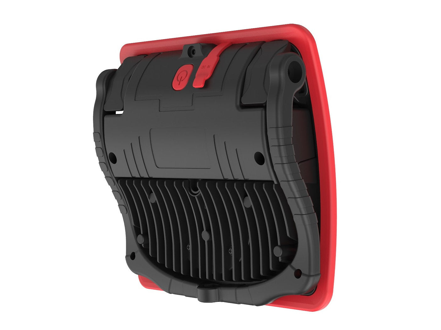 Eine Nahaufnahme des NORDRIDE Nordride Arbeitsstrahler Slim Power 20W, der sich durch ein kompaktes schwarz-rotes Design, einen sichtbaren Einschaltknopf, eine robuste Bauweise und wiederaufladbare Funktionen ähnlich einer LED-Arbeitsleuchte auszeichnet.
