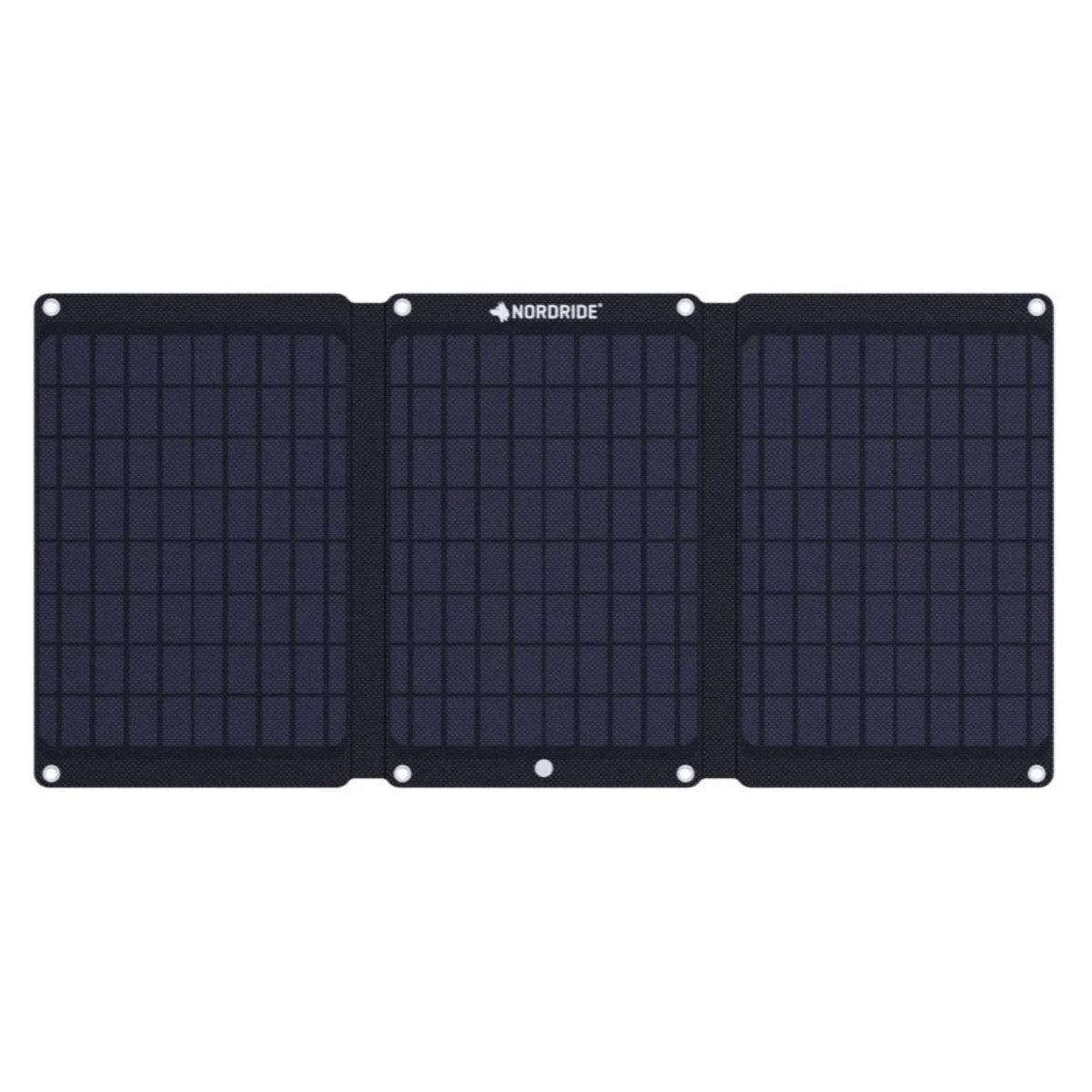 Ein faltbares, dreiteiliges Solarladegerät mit einem Gittermuster und vier Befestigungslöchern in den Ecken. Der Markenname NORDRIDE und der Produktname SOLAR PULSE 24W erscheinen oben in der Mitte dieses mobilen Solarladegeräts.