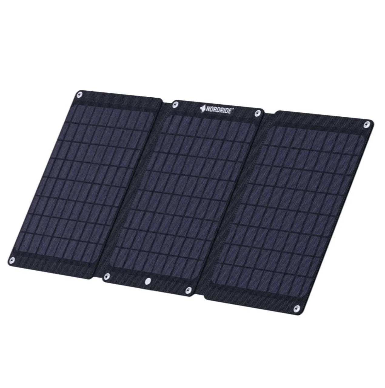 Das NORDRIDE SOLAR PULSE 24W ist ein faltbares Solarladegerät mit drei Paneelen, dunklen Zellen, schwarzen Rändern und metallverstärkten Ecklöchern zur einfachen Montage oder Aufhängung.