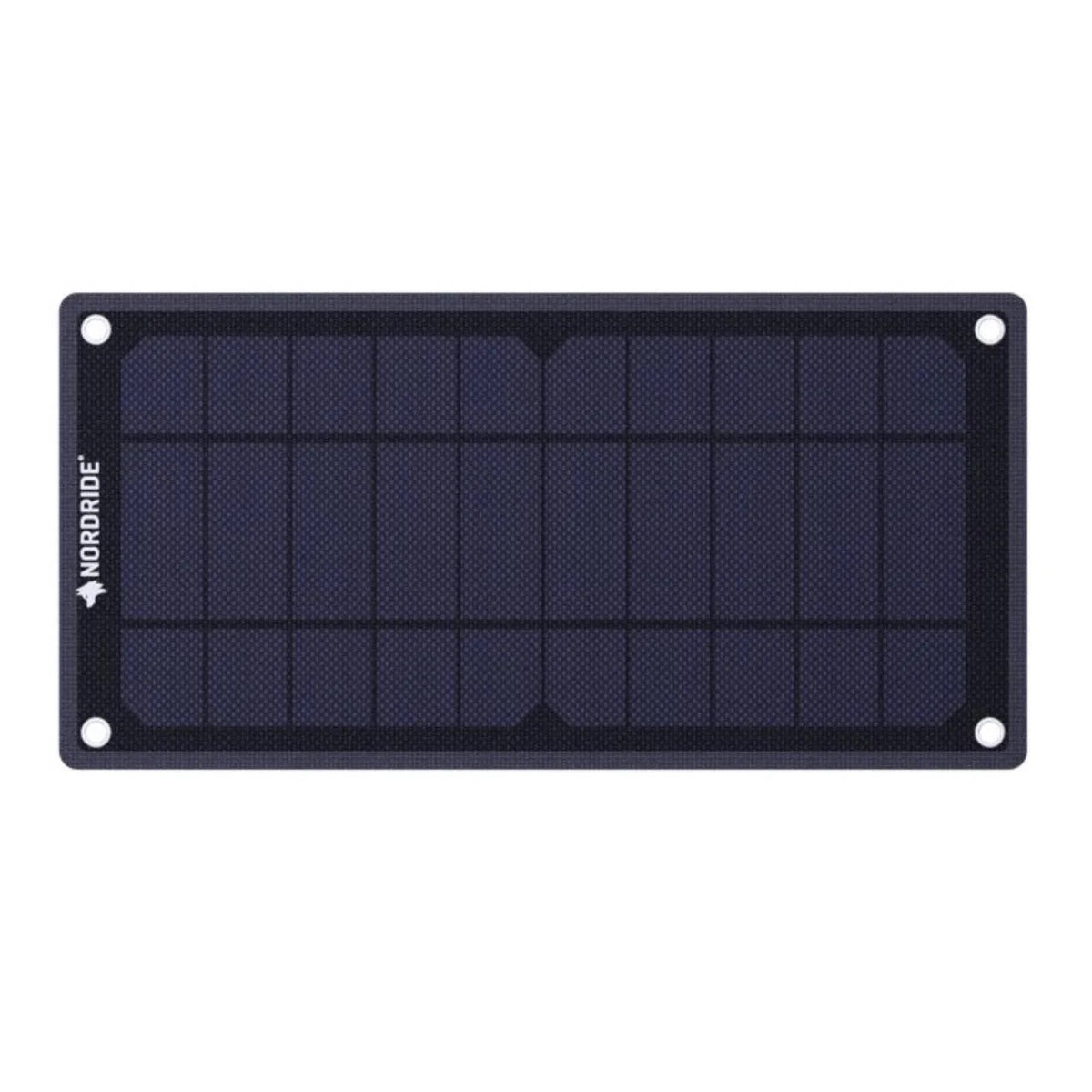 Das schwarze, rechteckige Solarpanel Nordride SOLAR PULSE 7W mit monokristallinen Zellen und Gittermuster trägt links den weißen NORDRIDE-Schriftzug. Vier Ecklöcher ermöglichen das einfache Befestigen oder Aufhängen - ideal für mobiles Laden.