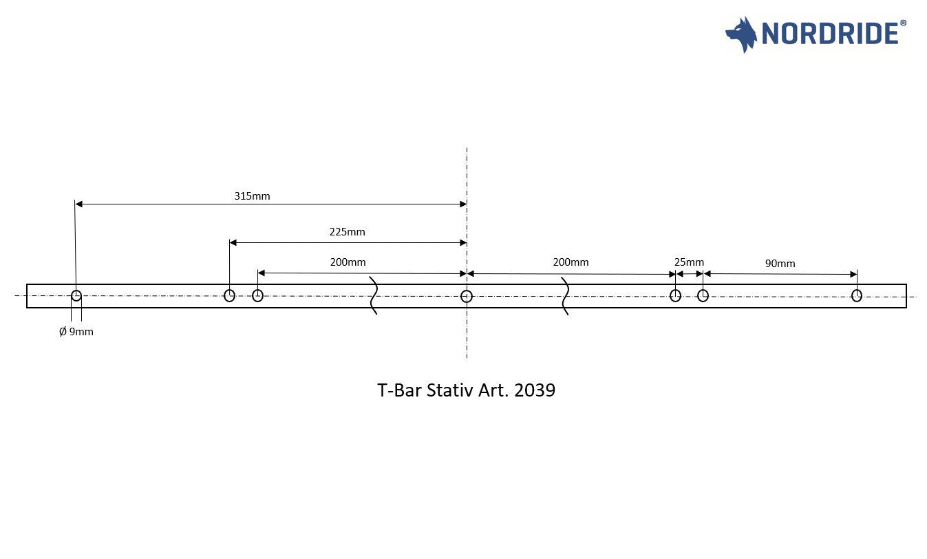 Technische Zeichnung des Nordride Stativs von NORDRIDE, T-Bar Stativ Art. 2039, mit vertikalen Maßen in Millimetern und dem NORDRIDE-Logo oben rechts. Perfekt als LED-Baustrahler Stativ.