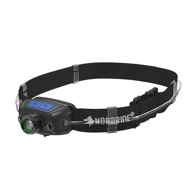 Die Nordride Stirnlampe Active Sport R von NORDRIDE ist eine schwarze, ultraleichte Stirnlampe mit verstellbarem Gummiband, rechteckiger Leuchteinheit mit blauen Knöpfen, grüner Linse - ideal für Outdoor-Sport.