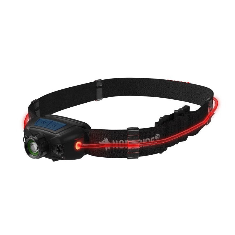 Die NORDRIDE Nordride Stirnlampe Active Sport R ist eine schwarze, ultraleichte Kopflampe mit breitem, verstellbarem Band, roten LED-Streifen an den Seiten und hinten, großer Frontlinse und Top-Tasten - ideal für Outdoor-Sportbegeisterte.
