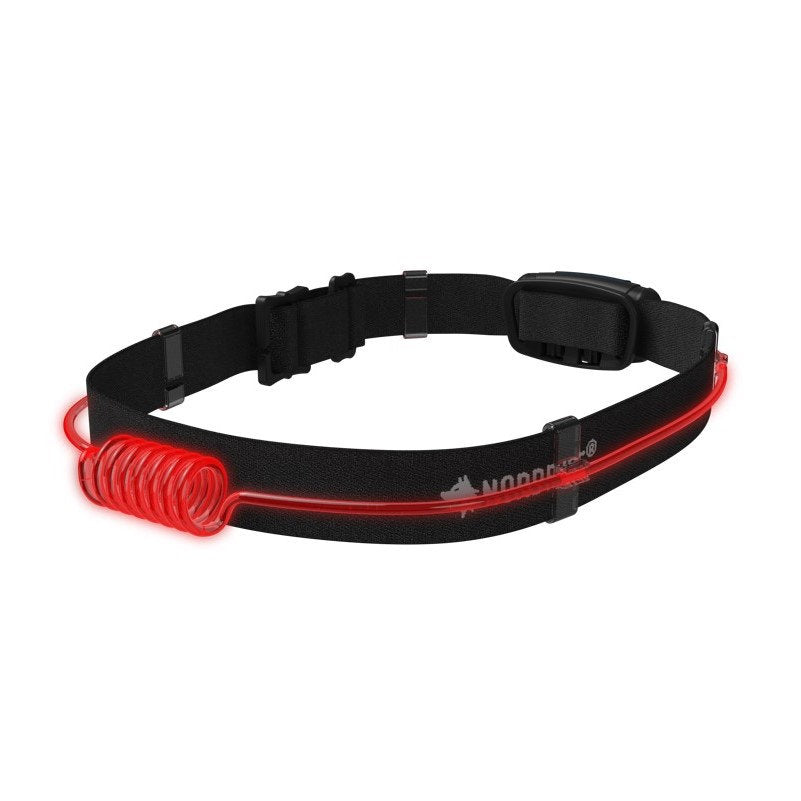 Ein schwarzer, verstellbarer Hüftgurt mit roter Sicherheitskordel, ideal für Wintersport oder Outdoor-Aktivitäten - passt perfekt zur NORDRIDE Nordride Strinlampe Active Sport R für mehr Sichtbarkeit und Sicherheit.
