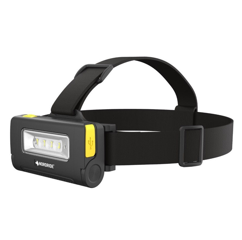 Die NORDRIDE Nordride Stirnlampe Duo ist eine schwarze, wiederaufladbare Stirnlampe mit einem verstellbaren Gurt, einem rechteckigen Leuchtfeld, gelben Tasten und einem seitlichen USB-Ladeanschluss.