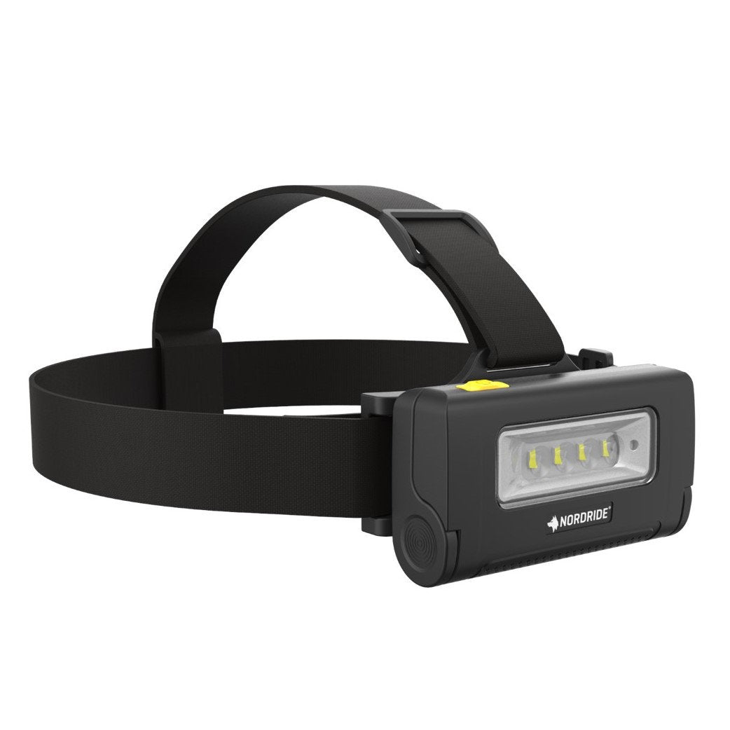 Die schwarze Nordride Strinlampe Duo von NORDRIDE verfügt über ein rechteckiges LED-Panel auf der Vorderseite und ein Markenzeichen. Das elastische Kopfband sorgt für freihändigen Tragekomfort und macht sie zur idealen LED-Arbeitslampe für verschiedene Aufgaben.