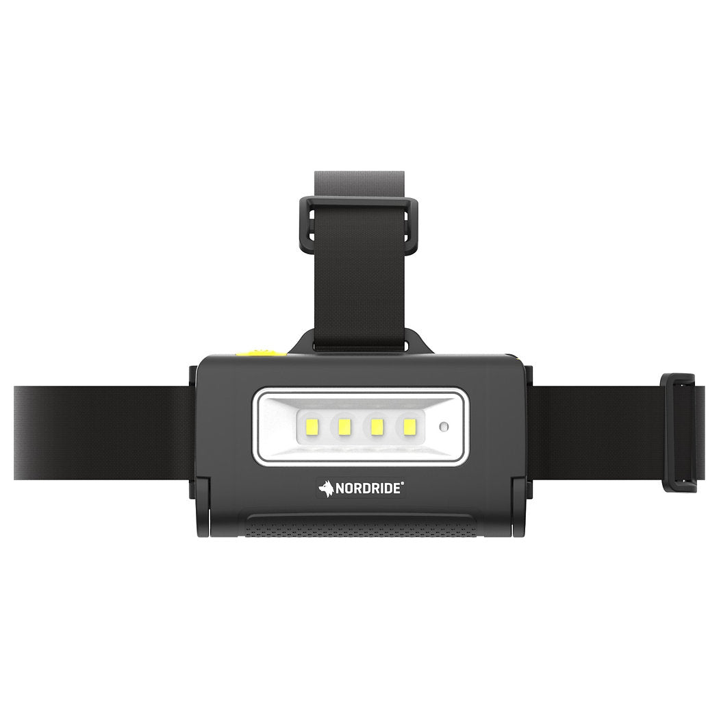 Die NORDRIDE Strinlampe Duo ist eine schwarze, wiederaufladbare Stirnlampe mit einem verstellbaren Band und einem rechteckigen LED-Panel mit vier gelben LEDs - ideal als LED-Arbeitslampe für Outdoor-Abenteuer.