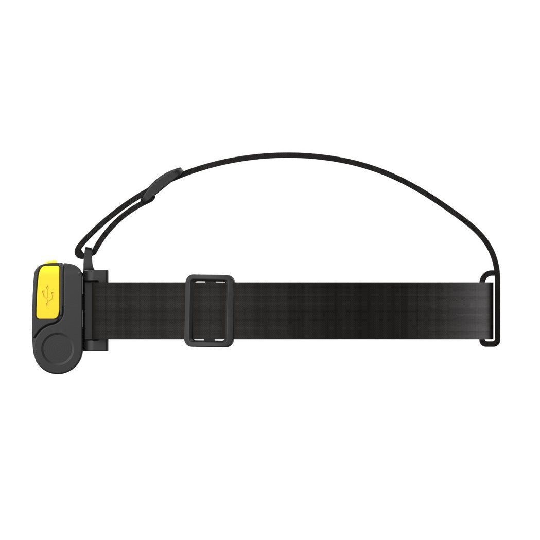 Die NORDRIDE Strinlampe Duo, eine wiederaufladbare Stirnlampe mit gelbem Knopf und USB-Symbol, ist an einem schwarzen, verstellbaren Armband befestigt und steht auf weißem Hintergrund.