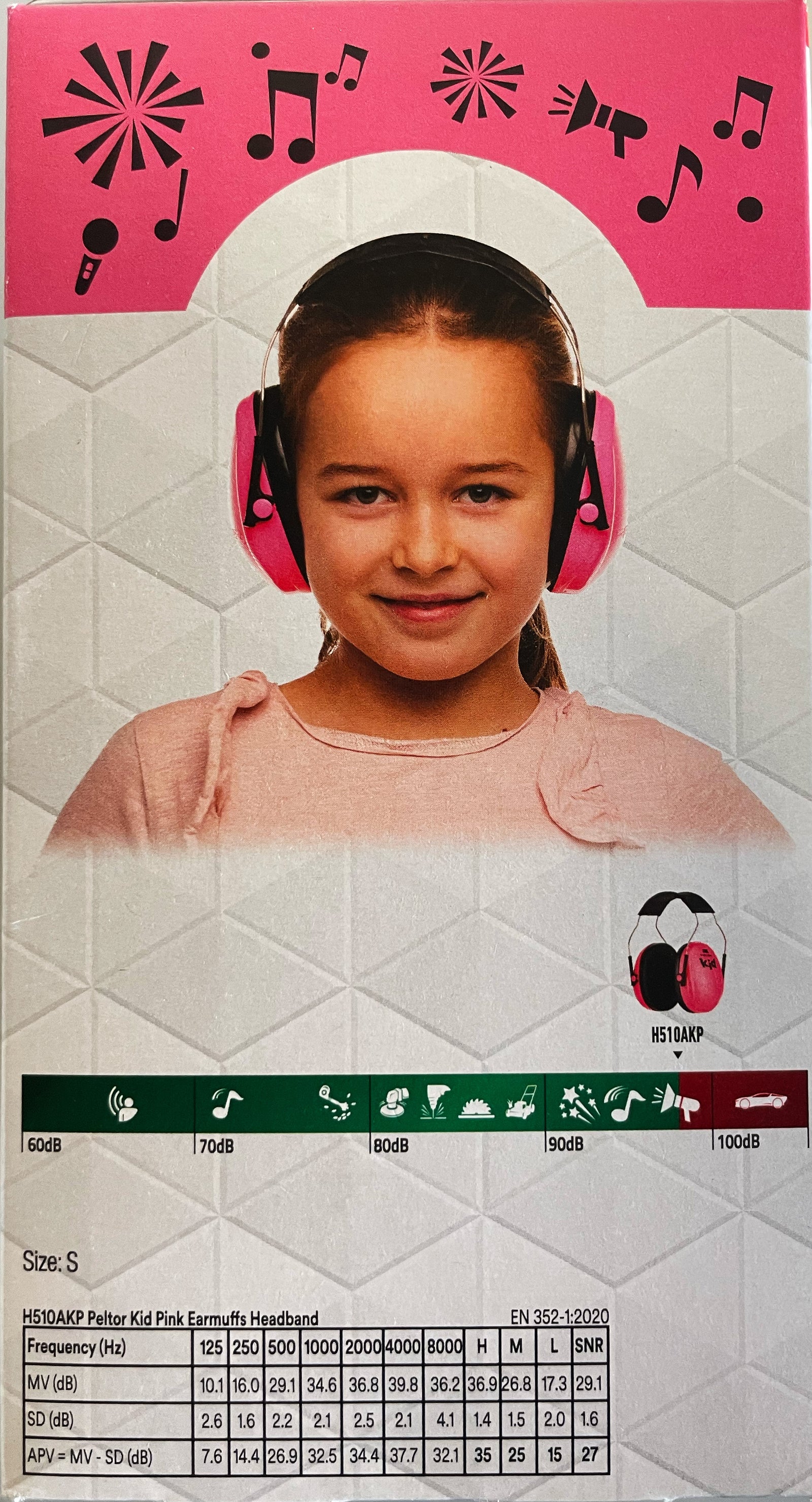 Die Verpackung des 3M Peltor Kinder Gehörschutz (rosa, Kopfband, Größe S) zeigt ein Mädchen mit pinken Kapselgehörschutz, Lärmsymbole von 60-100 dB und eine Dämmwerttabelle (SNR 27).