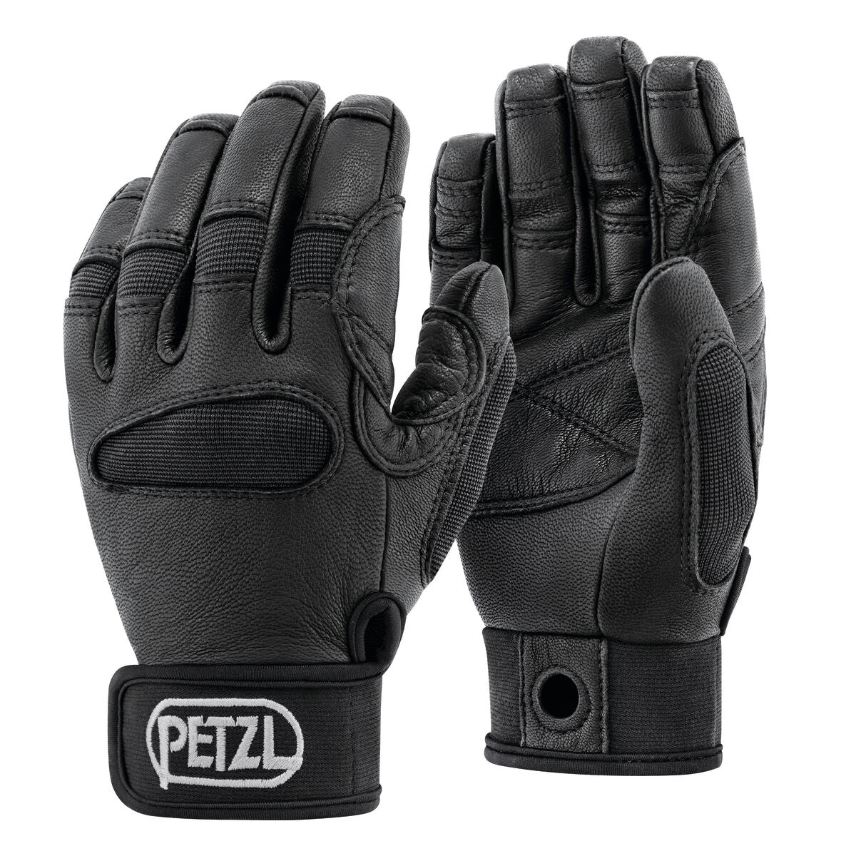 Ein Paar schwarze PETZL Cordex Plus-Handschuhe mit verstärkten Knöcheln und Handflächen, Klettverschluss am Handgelenk und PETZL-Logo am Handgelenk. Ein Handschuh ist mit der Handfläche nach oben, der andere mit der Handfläche nach unten abgebildet.