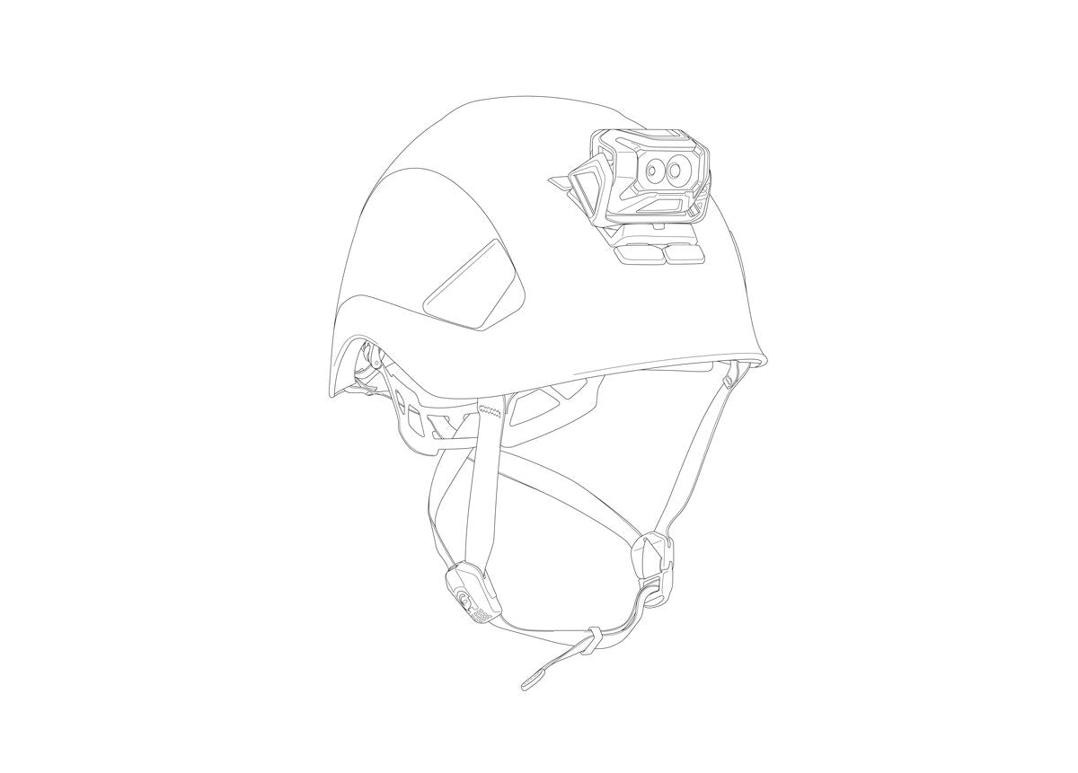 Eine Strichzeichnung des PETZL Helmet Adapt, eines Schutzhelms mit verstellbarem Kinnriemen, seitlichen Belüftungsöffnungen und einem selbstklebenden System zur sicheren Befestigung einer Frontkamera oder einer Lampe.