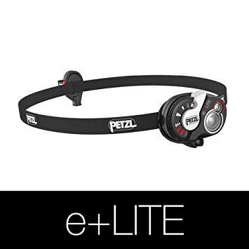 Eine PETZL Kopflampe e+LITE® in Schwarz mit verstellbarem Band und kompaktem 50-Lumen-Licht, auf weißem Hintergrund über dem Schriftzug "e+LITE" präsentiert-ideal für Notfälle.