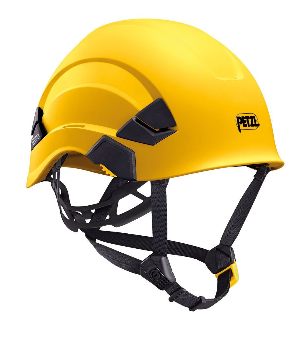 Der PETZL Schutzhelm Vertex ist ein leuchtend gelber Helm mit schwarzen verstellbaren Riemen und Polsterung, der Kopfschutz für Bau- oder Kletteraktivitäten bietet.