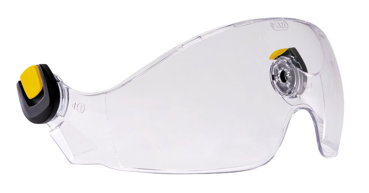 Das PETZL Schutzvisier VIZIR ist ein klarer, gewölbter Gesichtsschutz mit schwarzen und gelben verstellbaren Aufsätzen. Es ist kratzfest und beschlagfrei und bietet zuverlässigen Sicherheitsschutz.