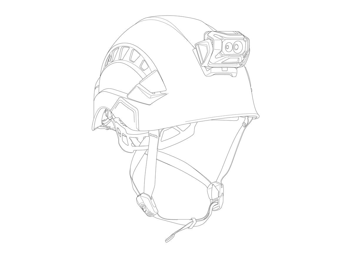 Strichzeichnung eines taktischen Helms mit einer vorne angebrachten Stirnlampe, Belüftungsöffnungen, verstellbaren Kinnriemen und Kompatibilität mit dem PETZL Slot Adapt-Befestigungssystem.