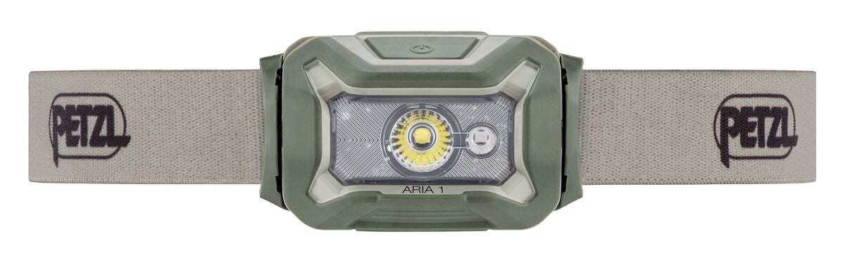 Die PETZL Stirnlampe ARIA® 1 RGB ist eine robuste Stirnlampe in Grün und Grau mit einem verstellbaren Band mit PETZL-Logo. Sie bietet 350 Lumen Helligkeit über eine zentrale LED, ideal für Outdoor-Abenteuer.