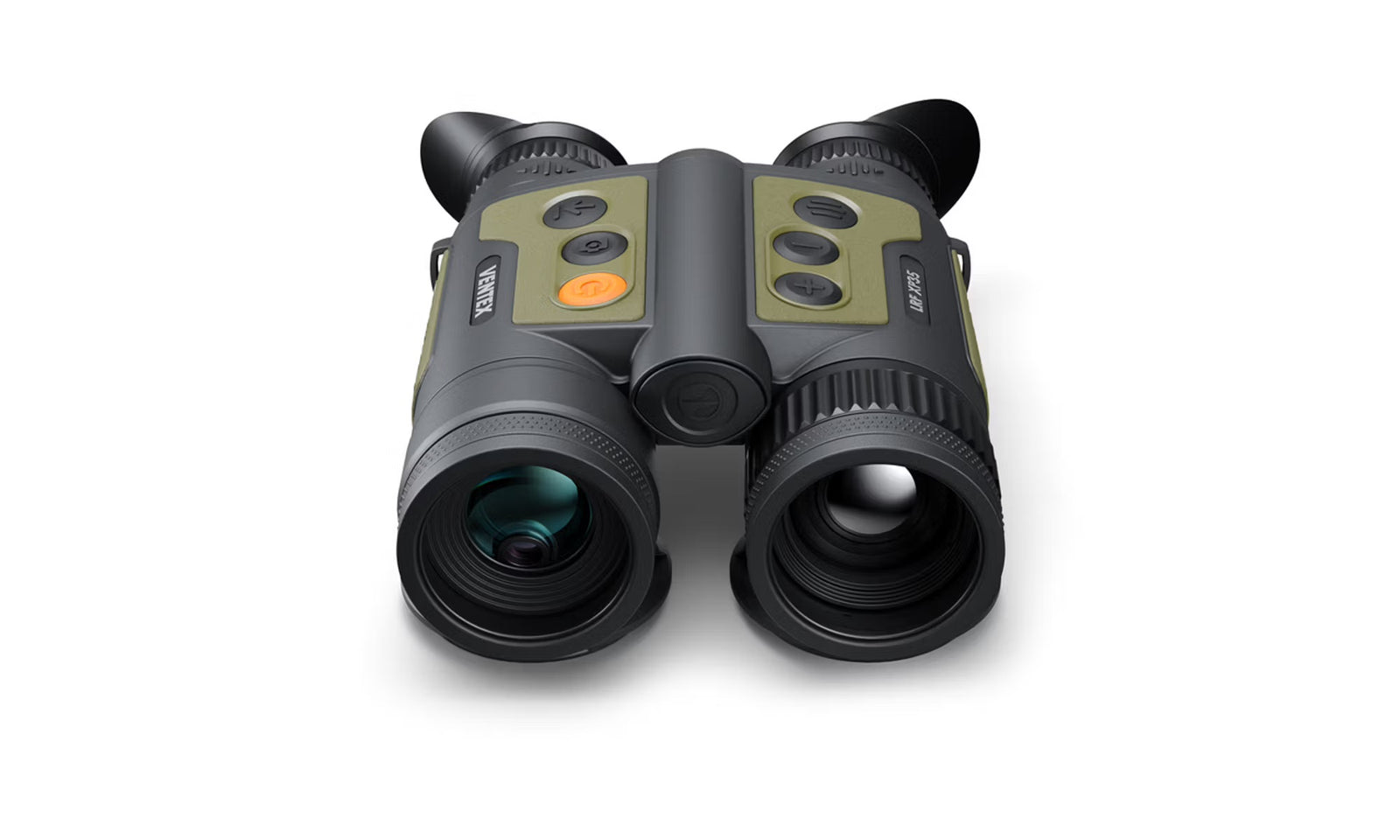 Ein grün-schwarzes PULSAR WLO Wärmebildfernglas Ventex XP35 Digitalfernglas mit mehreren Tasten auf der Oberseite, großen Frontlinsen und Gummiokularen ist auf einem weißen Hintergrund abgebildet.