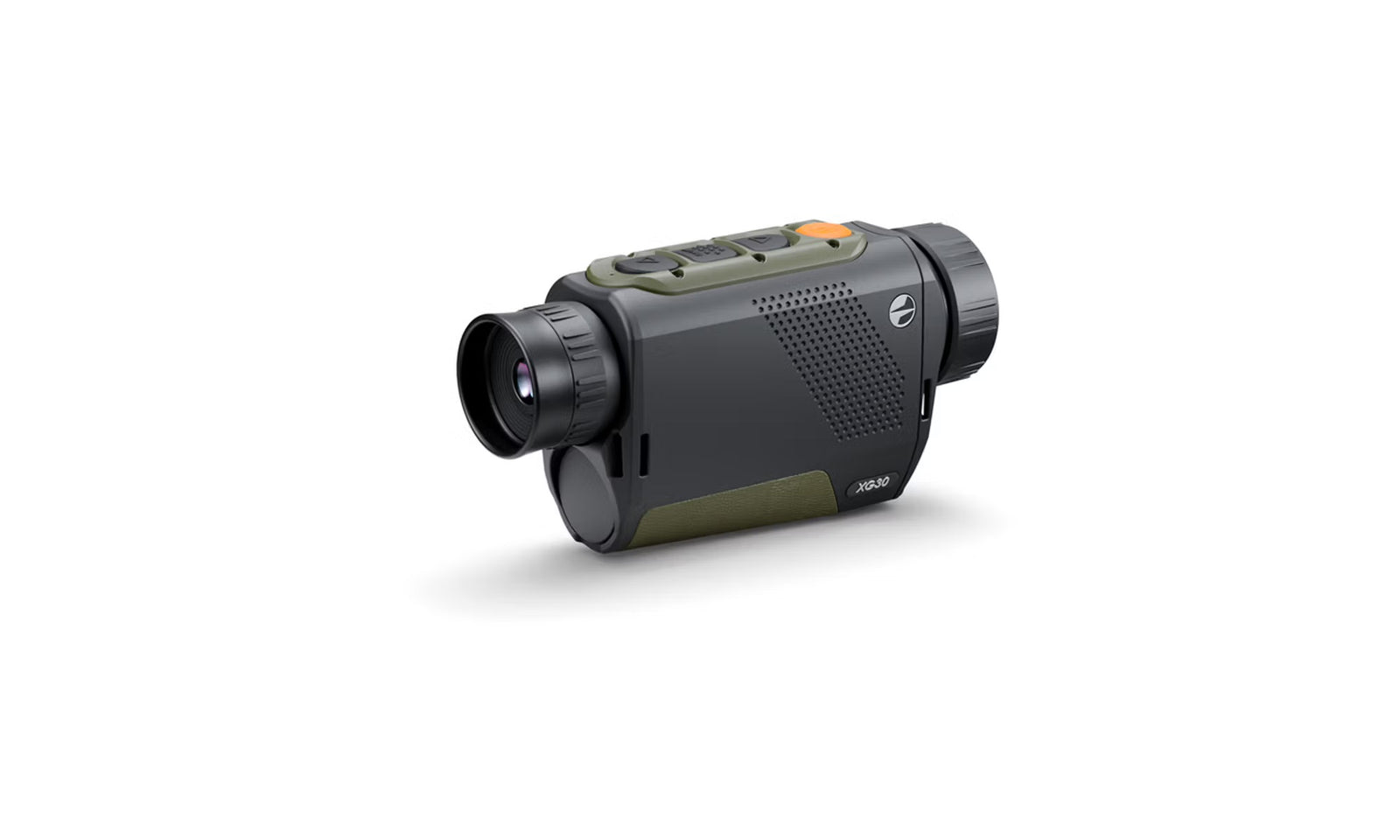 Ein kompaktes Pulsar WLO Wärmebildgerät Alaris XG30 von PULSAR, schwarz und grün mit einem strukturierten Griff, Bedienknöpfen an der Oberseite und einem Objektiv an einem Ende, dargestellt vor einem weißen Hintergrund.