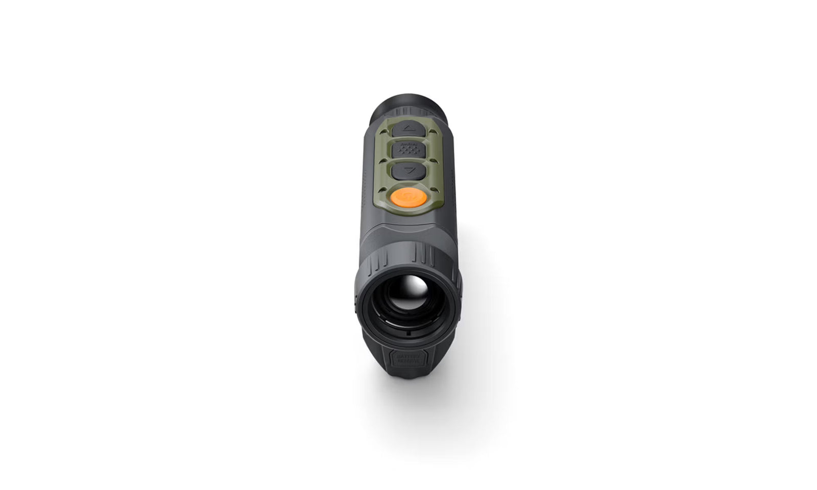 Das PULSAR WLO Wärmebildgerät Alaris XG30 ist ein handgehaltenes Monokular im schwarz-grünen Design mit drei Tasten (zwei schwarze, eine orange) und einem fortschrittlichen Wärmebildsensor für verbesserte Bildgebung, der nach vorne gerichtet auf weißem Hintergrund abgebildet ist.