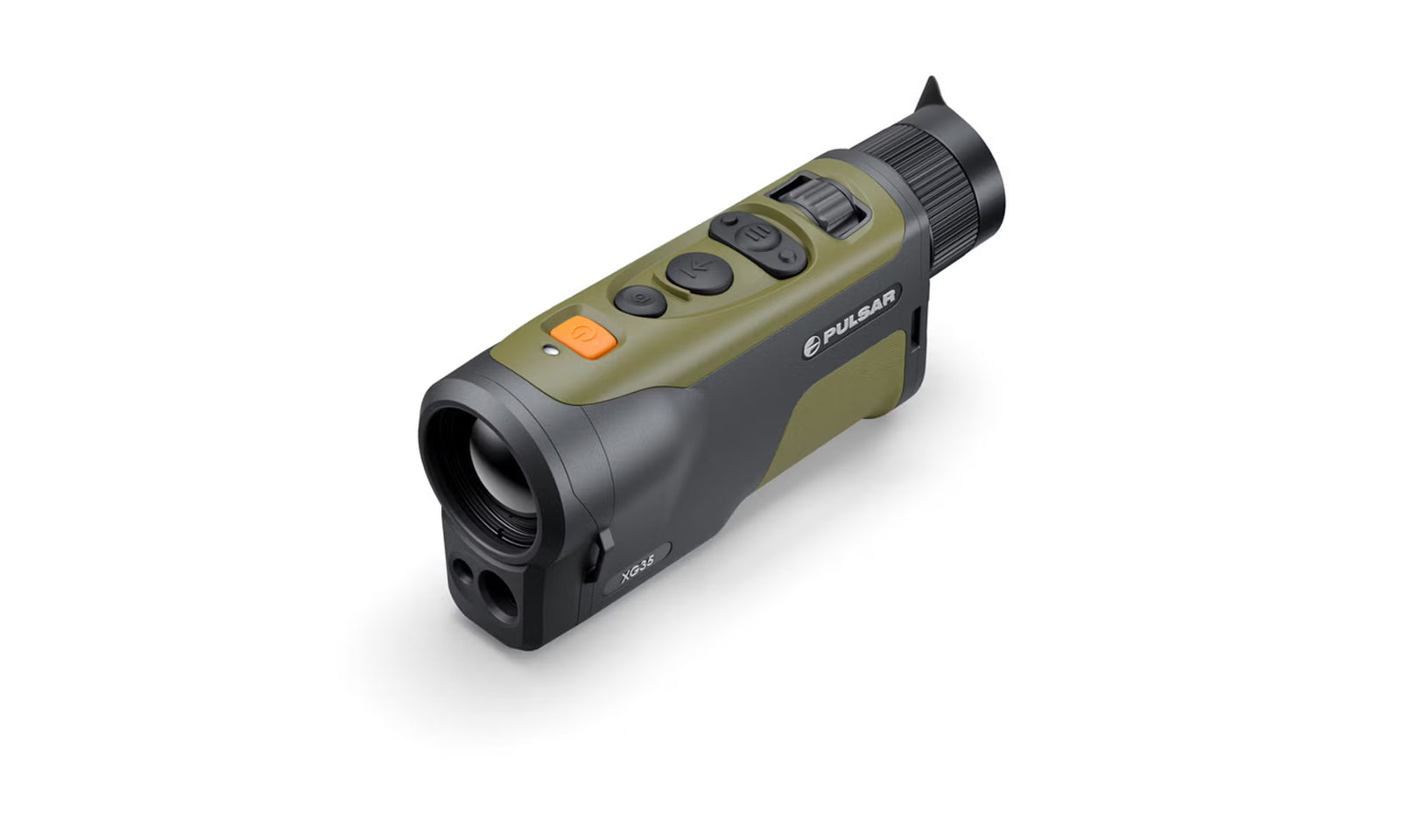 Das Pulsar WLO Wärmebildgerät Orni XG35 von PULSAR ist ein digitales Handmonokular in schwarz und olivgrün mit vier Bedientasten und einem Okular, ideal für Natur- und Wildtierbeobachtung.
