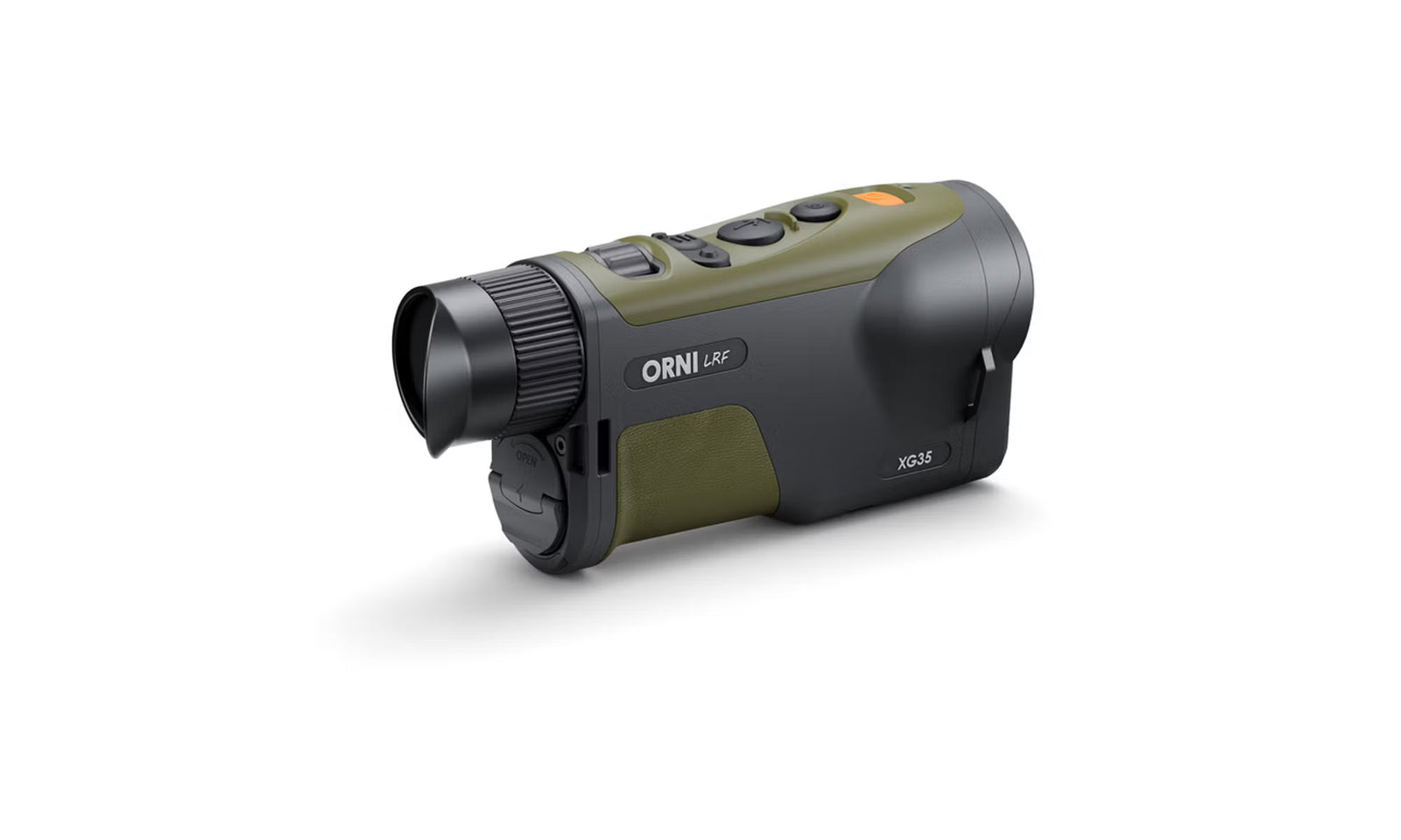 Das PULSAR WLO Wärmebildgerät Orni XG35 ist ein handgehaltenes Wärmebildmonokular für die Wildbeobachtung mit einem olivgrünen und schwarzen Gehäuse, ORNI AF- und XG35-Etiketten, mehreren Tasten auf der Oberseite und einem Gummiokular.