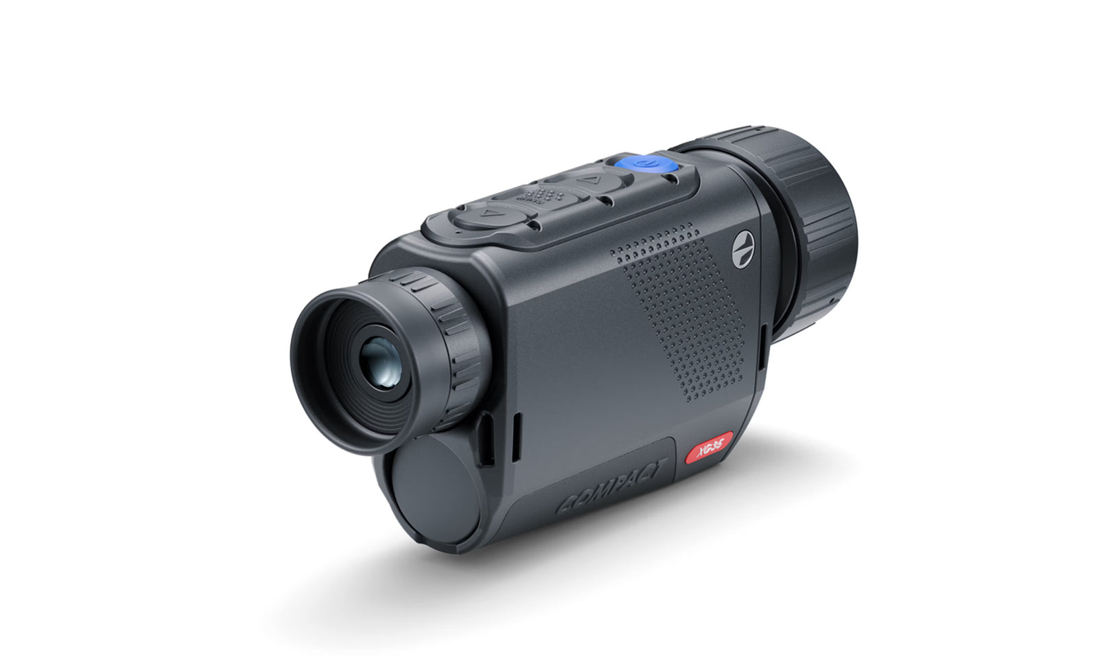Das Pulsar Wärmebildgerät Axion XG35 Compact von PULSAR ist ein schwarzes digitales Monokular mit einem Objektiv an einem Ende, strukturiertem Griff, Bedienknöpfen an der Oberseite und einem großen Einstellrad an der Rückseite. Sein schlankes Design ist sowohl funktional als auch elegant.
