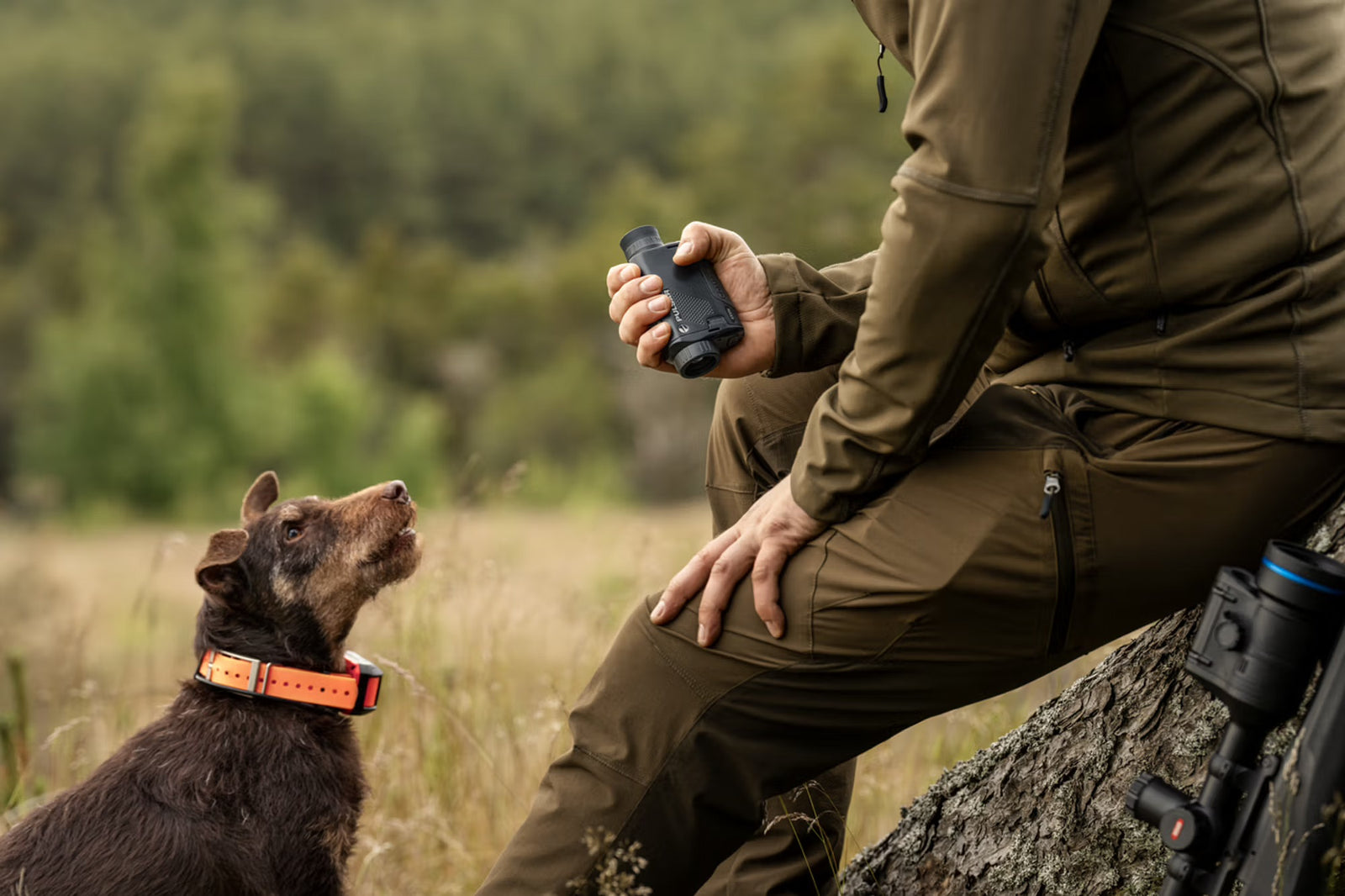 Eine Person in brauner Outdoor-Ausrüstung sitzt auf einem Baumstamm und hält das PULSAR Wärmebildgerät Axion XQ19 Compact in der Hand, während ein Hund mit orangefarbenem Halsband auf einer Wiese mit Bäumen dahinter zu ihnen aufschaut.