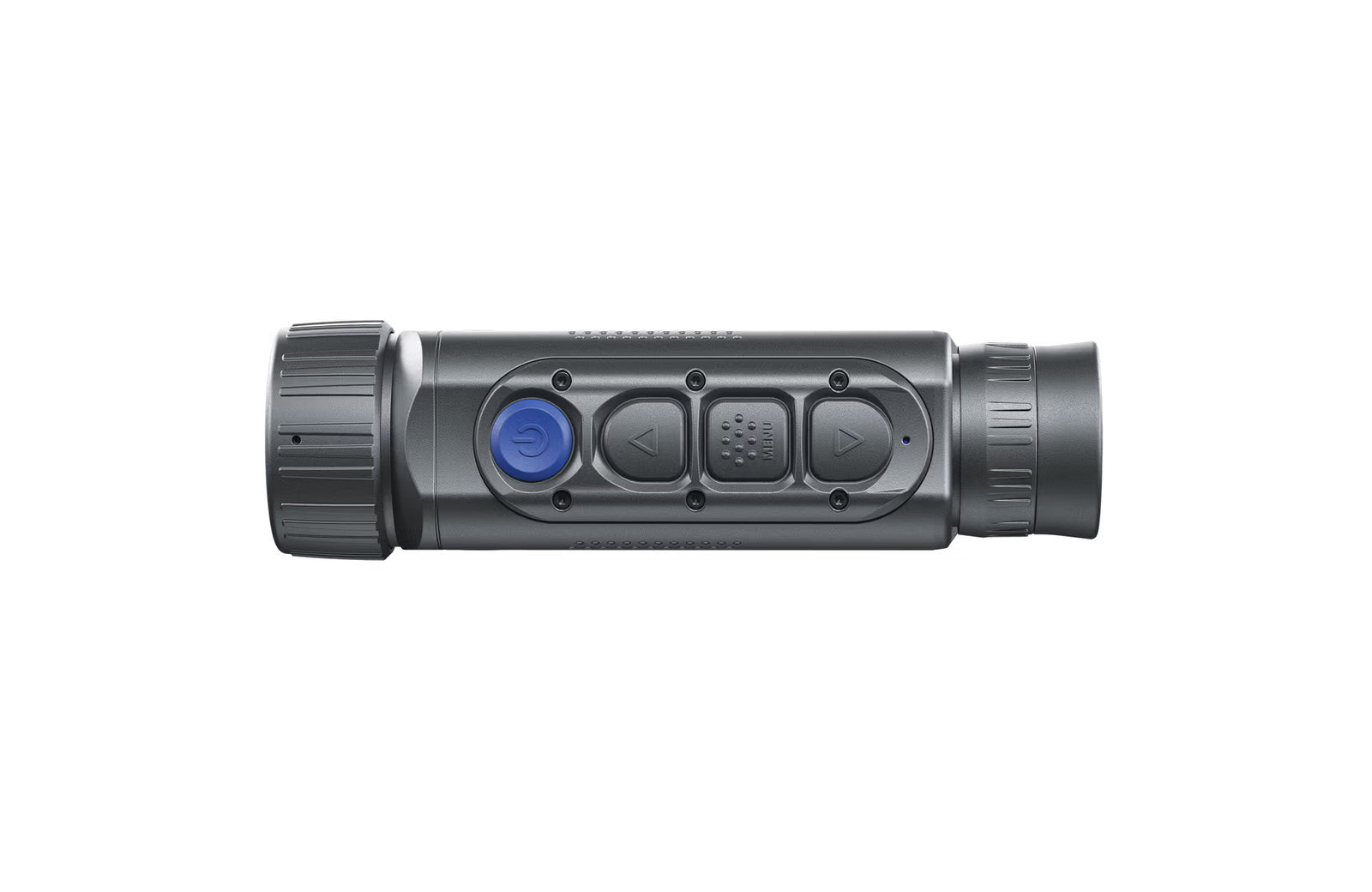 Das PULSAR Wärmebildgerät Axion XQ30 PRO ist ein kompaktes, handgehaltenes Wärmebildmonokular mit einer blauen Einschalttaste, zwei schwarzen Seitentasten, einem großen Einstellrad und einem Okular - ideal für die Jagd - vor einem weißen Hintergrund.