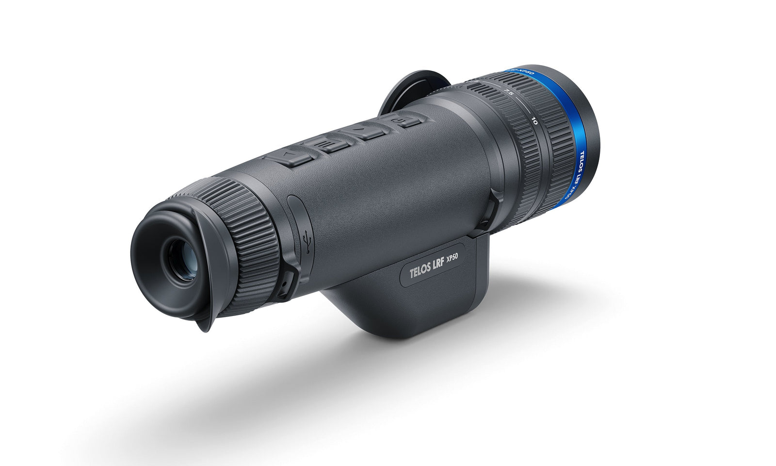 Das PULSAR Wärmebildgerät Telos LRF XP50 ist ein schwarzes Handmonokular mit strukturiertem Griff, blauem Linsenring und Tasten an der Oberseite, das auf der Seite vor einem schlichten weißen Hintergrund steht.