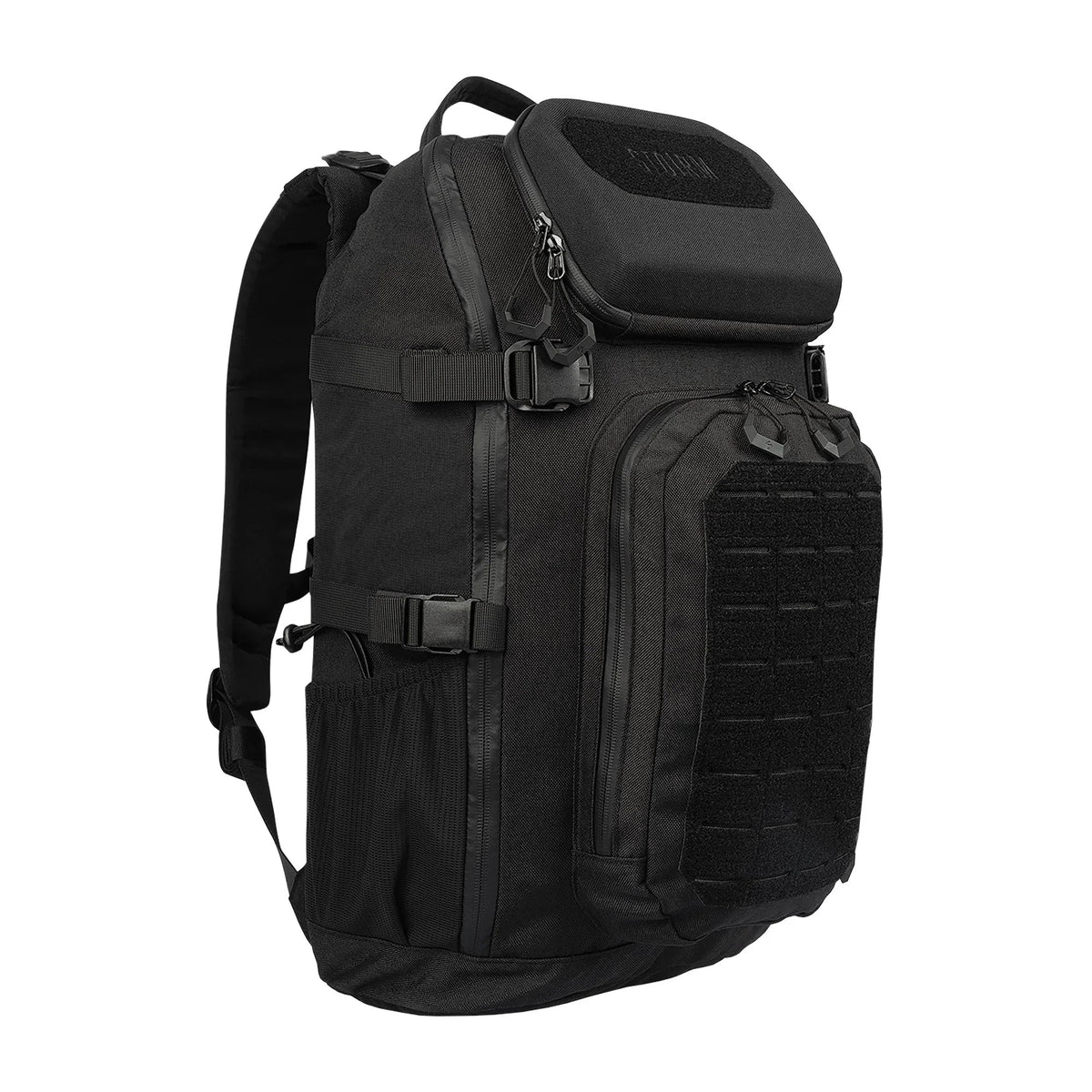 Ein schwarzer STOIRM 25L Tactical Pack GEN2 von STOIRM mit mehreren Reißverschlussfächern, verstellbaren Trägern, Seitentaschen, oberem Griff, MOLLE-Gewebe auf der Vorderseite und Klettverschlüssen - perfekt für einen Outdoor-Rucksack.