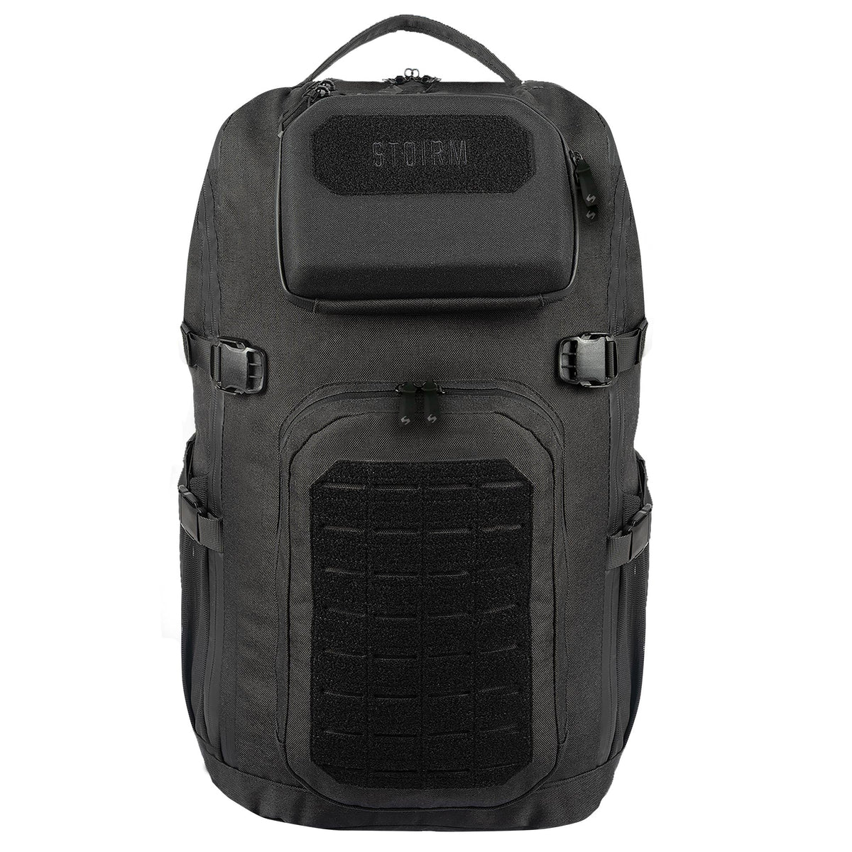 Der STOIRM 40L Tactical Pack GEN2 ist ein robuster schwarzer Rucksack mit Top-Griff, Fronttasche, Seitentaschen und MOLLE-Webbing - ideal für jedes Outdoor-Abenteuer.