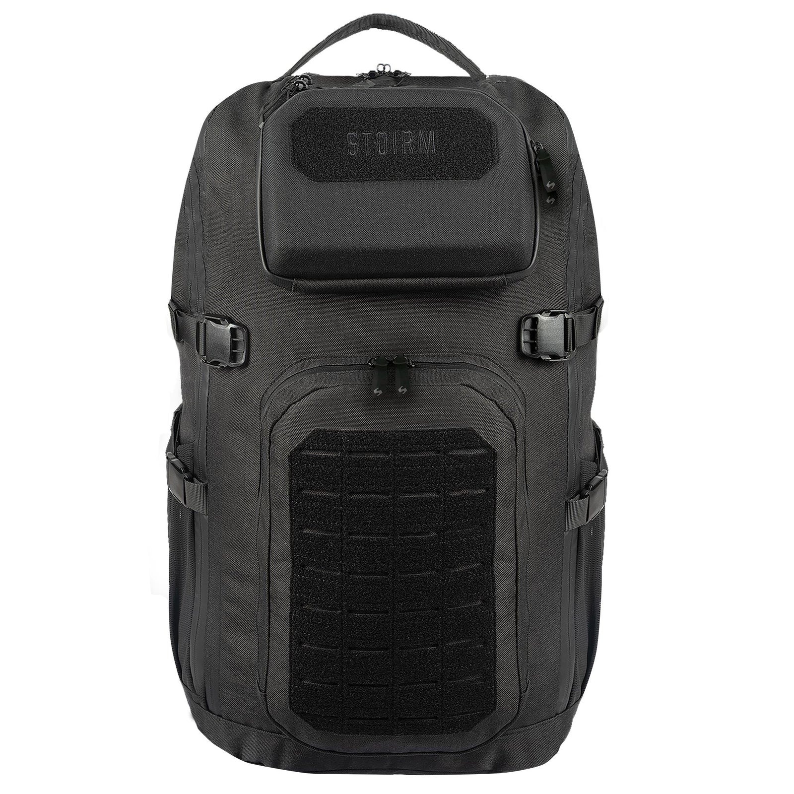 Der STOIRM 40L Tactical Pack GEN2 ist ein robuster schwarzer Rucksack mit Top-Griff, Fronttasche, Seitentaschen und MOLLE-Webbing - ideal für jedes Outdoor-Abenteuer.