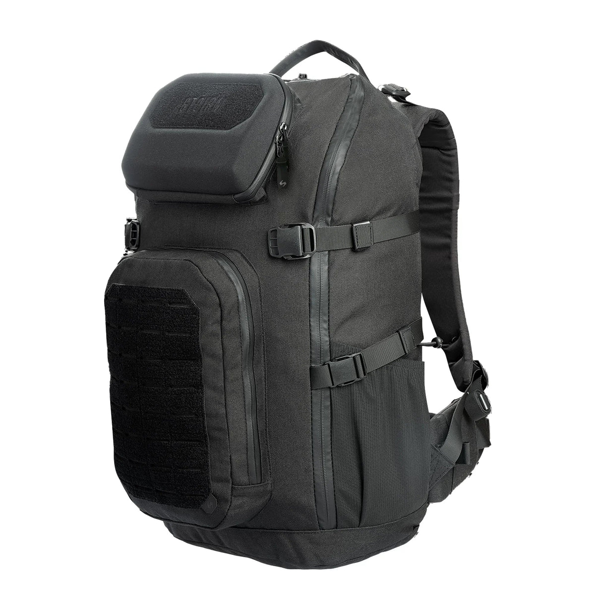 Der STOIRM 40L Tactical Pack GEN2 von STOIRM ist ein schwarzer Rucksack mit mehreren Fächern, verstellbaren Gurten, einem Griff an der Oberseite und MOLLE-Gurtband an der Vorderseite. Dieser strukturierte Outdoor-Rucksack ist auf einem weißen Hintergrund abgebildet.