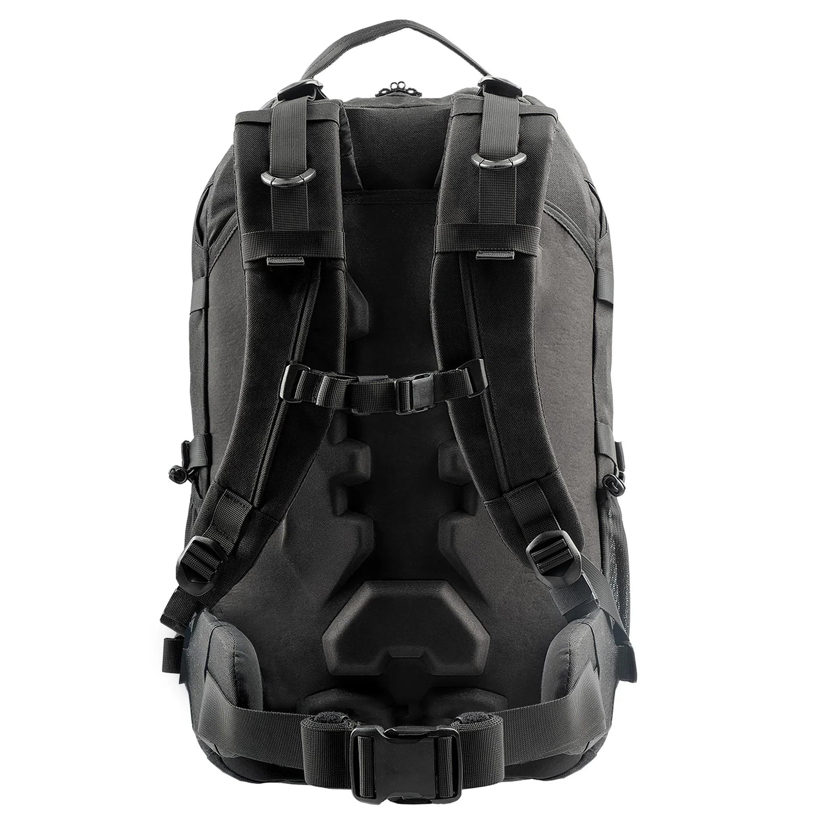 Ein STOIRM 40L Tactical Pack GEN2 in Schwarz, mit gepolsterten Schultergurten, Rückenpolsterung, verstellbaren Brust- und Hüftgurten und robusten Schnallen, von hinten auf weißem Hintergrund dargestellt - perfekt für Outdoor-Abenteuer.