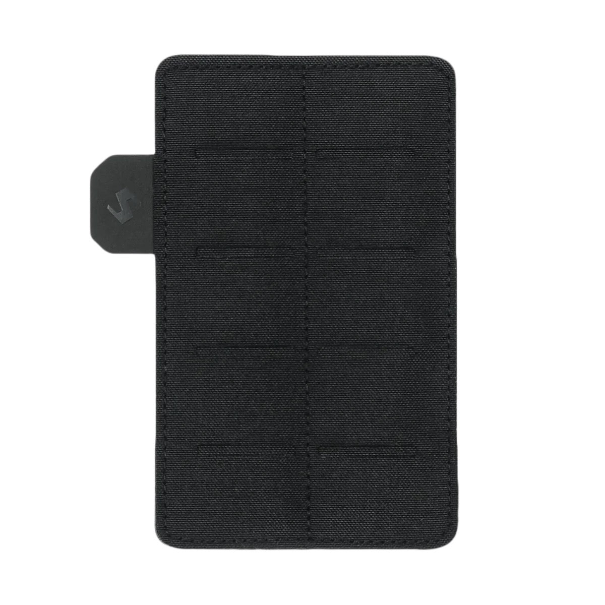 Das STOIRM Small Molle Panel von STOIRM ist ein schwarzes, rechteckiges Accessoire mit sichtbaren Nähten und einer dezenten Logolasche auf der linken Seite, die an einen Kartenhalter erinnert, fotografiert vor einem weißen Hintergrund.