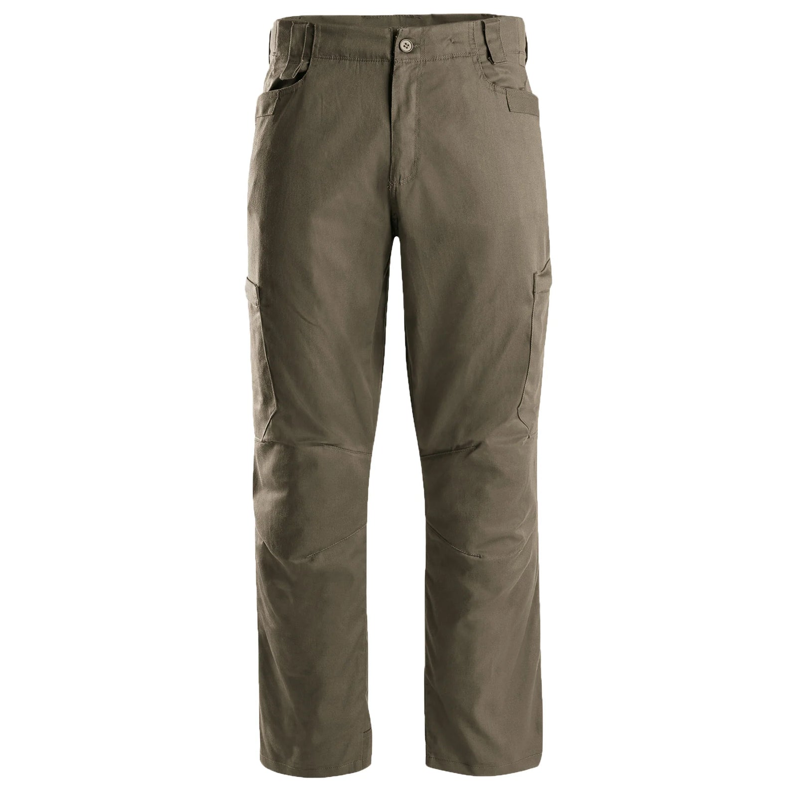 Die STOIRM Tactical Trousers Gen2 in Ranger Green verfügt über strapazierfähiges Ripstop-Stretchmaterial, Seiten- und Fronttaschen, Gürtelschlaufen und einen Knopfverschluss. Hier vor einem weißen Hintergrund abgebildet.